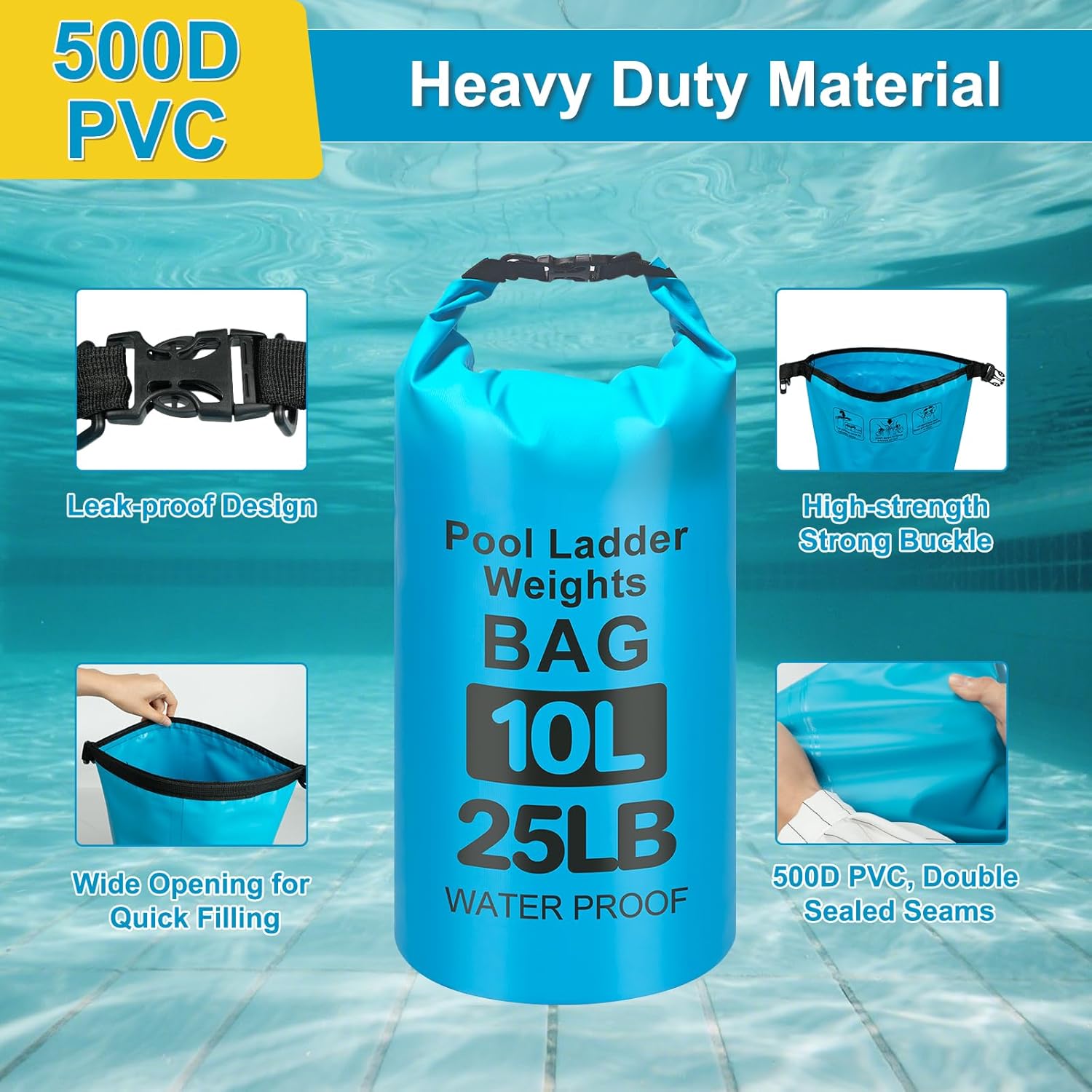 25LB Heavy Duty Pool Ladder Weights for Above Ground Pools, 20L Universal Pool Step Weights, 500D VPC Waterproof Pool Stair Weights, Easy Fill Sand Bags for Pool Steps, Foldable, Leak-Proof, 4PCS