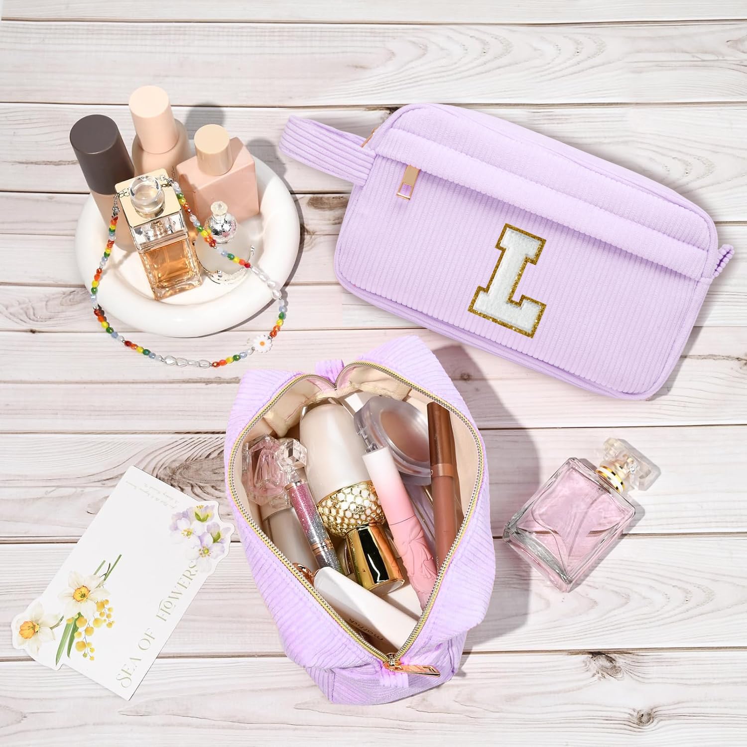 Neceser Maquillaje Mujer Personalizado Inicial, Bolsa de Cosméticos de Viaje, Gran Capacidad Neceser de Maquillaje de Pana, Regalo Cumpleaños Navidad para Mujeres Novias Mejores Amigas, Morado C — view 4