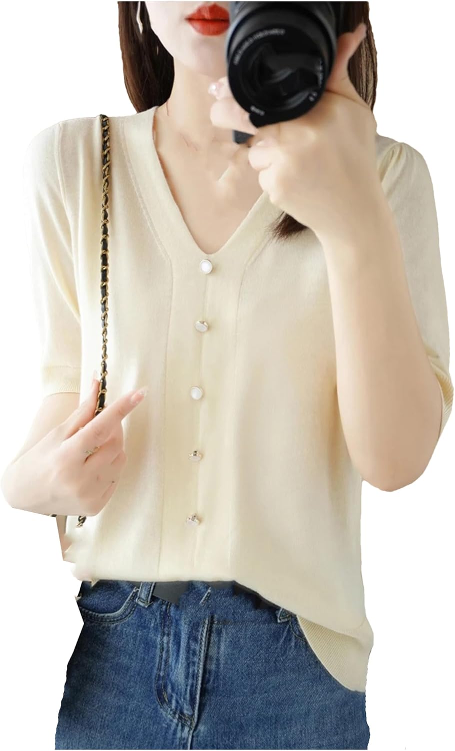 Spring Summer Women Short-Sleeved V-Neck Wool Blend Sweater T-Shirt Knitted Classic Basic Casual Pullover