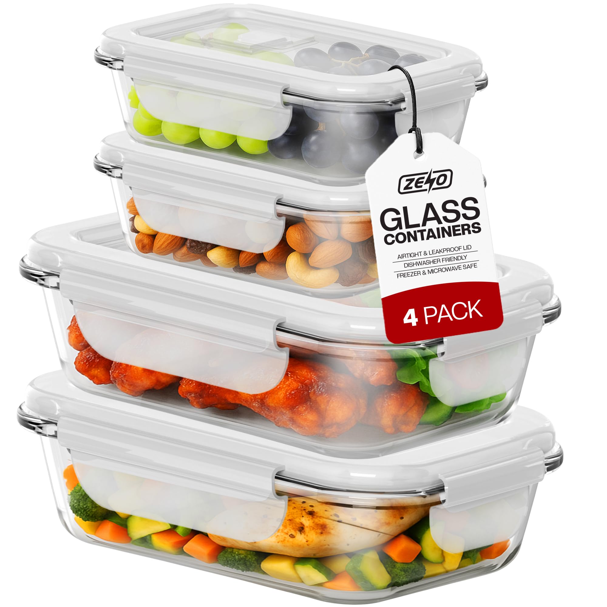 ZENO Glass Containers with Lids 4 Pack | Meal Prep Containers | Glass Food Container with Lid, Airtight Seal, Leakproof Lid | Dishwasher Safe | Freezer & Microwave Safe | 2 X 1050ml + 2 X 650ml