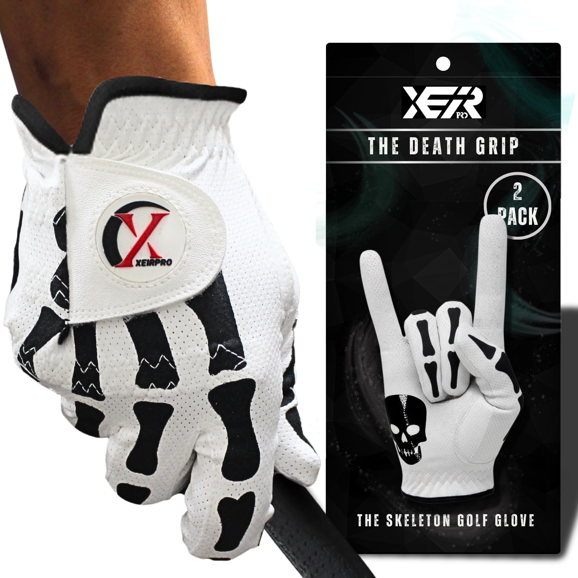 XEIRPRO Death Grip Skeleton Golf Gloves Men (2 Pack) | Engineered for Dominant Grip with All-Weather Performance Synthetic Leather | Skull & Skeleton