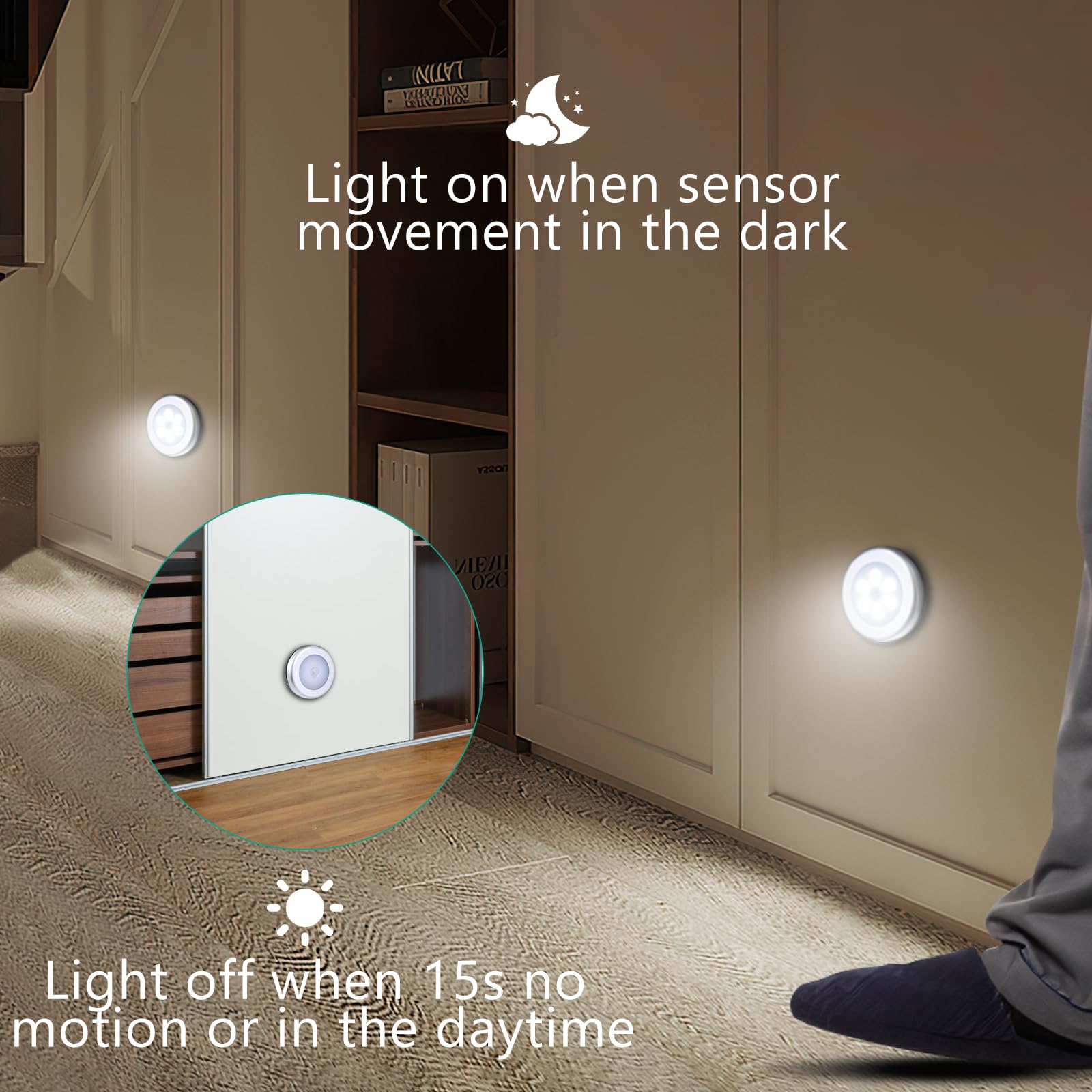 ORIA Nachtlicht mit Bewegungsmelder, 6 Stk LED Bewegungsmelder Licht, Led Beleuchtung Sensor Schrankbeleuchtung, Auto EIN/AUS Sensor Licht Für Flur, Treppen, Schlafzimmer, Küche - Weiß