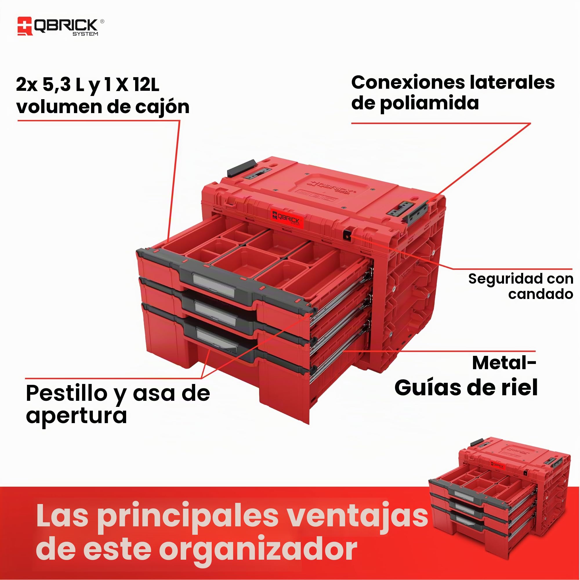 Qbrick System Caja de Herramientas Vacía - 3 Compartimentos - Maletin Herramientas - 542 x 335 x 369 mm Rojo