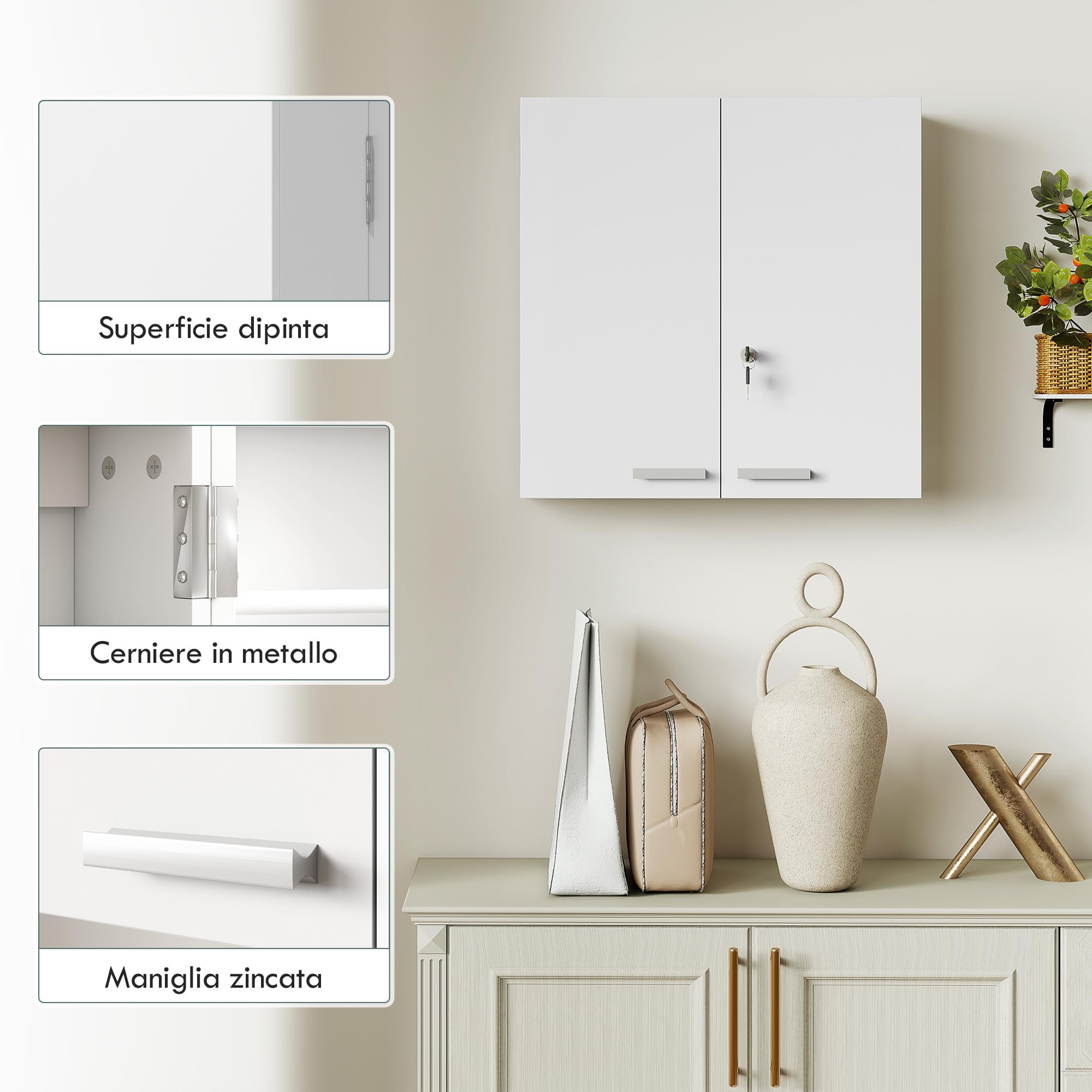 HOMCOM Armadietto Porta Medicinali da Parete con Chiavi 53x20x53cm Bianco
