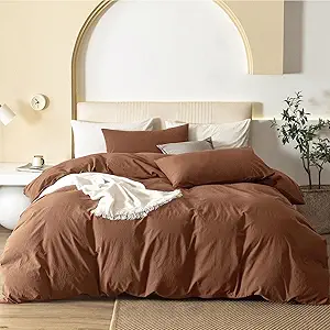 JIYUAN 100% Washed Cotton Duvet Cover Set 3 Pieces Oversized Queen, 1 Duvet Cover 98x98 Inches(Comforter Not Included) and 2 Pillowcases,Linen Feel Bedding Set Comfy and Breathable,Burnt Orange