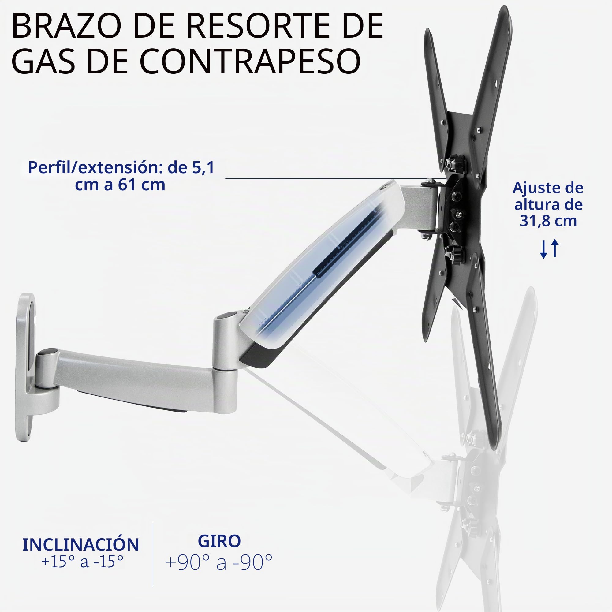 Vivo Soporte de Pared para TV con Pantalla de Plasma LED LCD de 26 a 55 Pulgadas, Altura Ajustable, Resorte neumático Totalmente articulado, Plateado, MOUNT-VW04G
