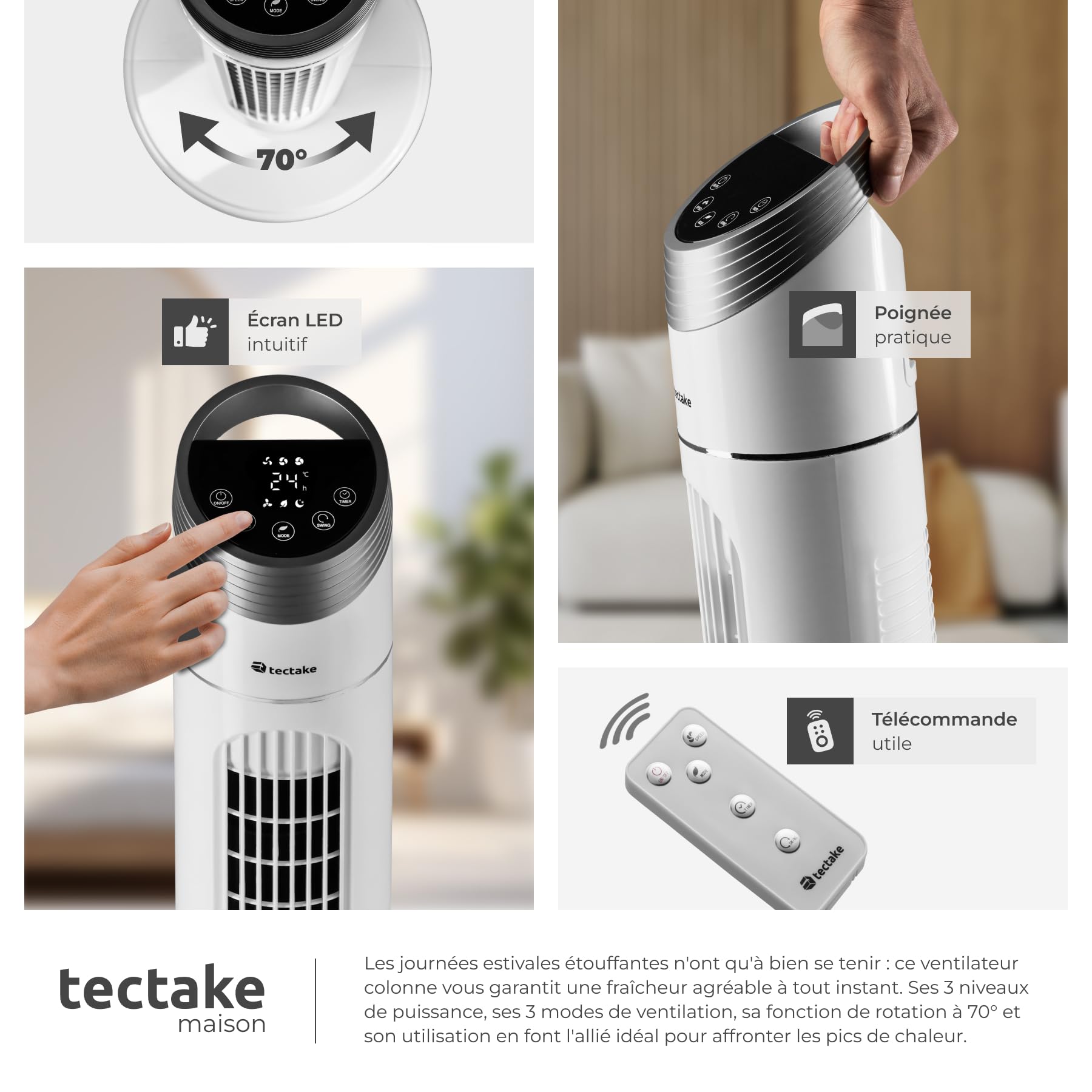 tectake® Ventilateur Colonne 90 cm, 3 modes et 3 vitesses, Fonction de minuterie, Ecran LED, Télécommande, Ventilateur Silencieux & Oscillant pour Bureau, Chambre, Salon, Maison - Blanc