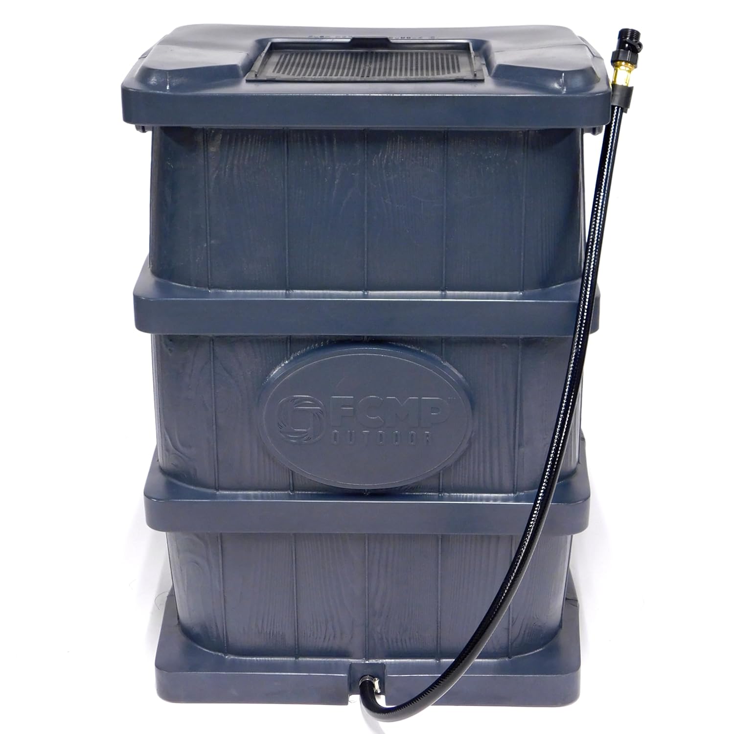 FCMP 45-Gallon Outdoor Wood Grain Rain Water Collection Barrel with Flat Back Design, Spigots, and Mesh Screen - Grey