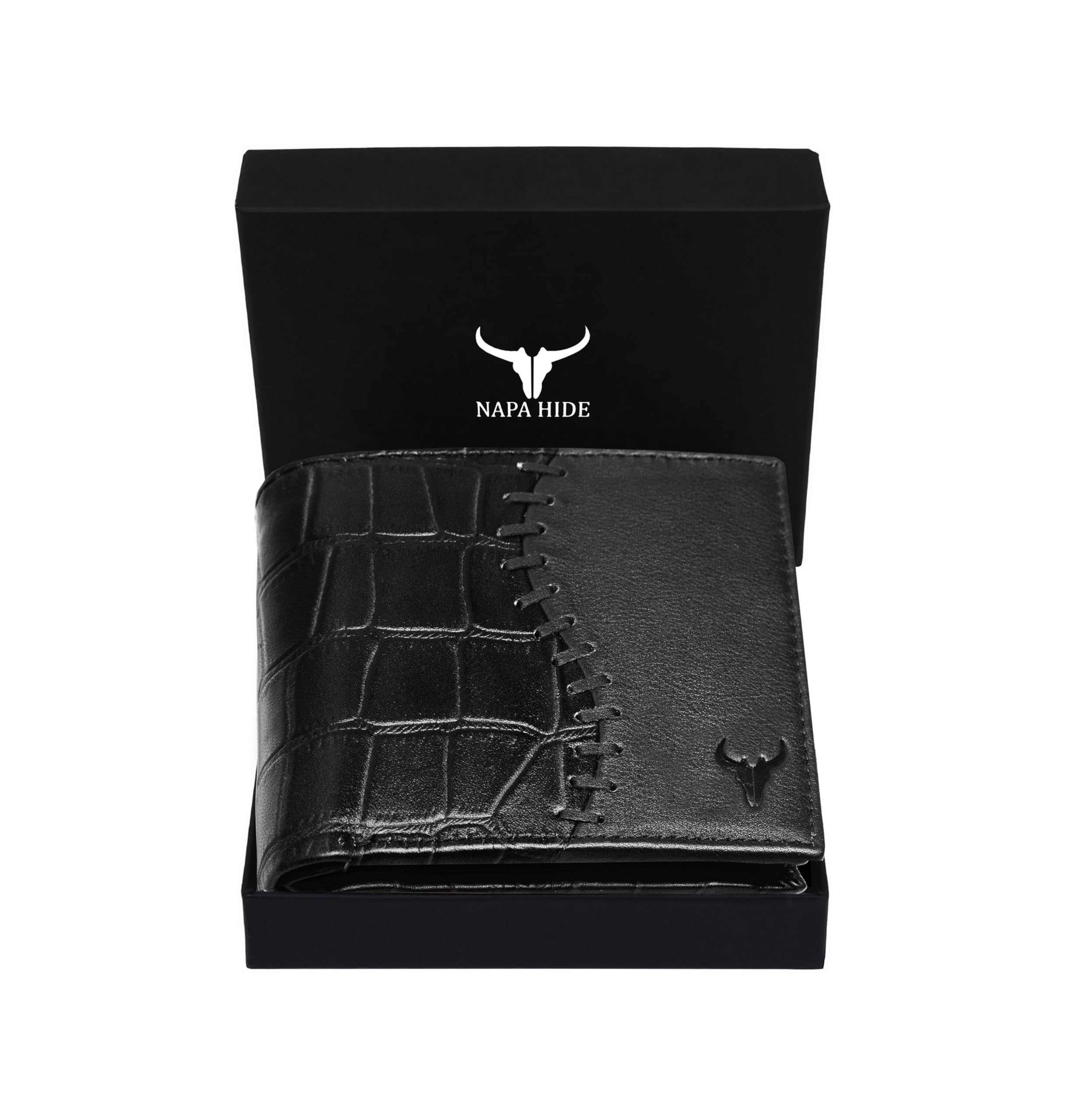 NAPA HIDE Black Leather Wallet for Men I 4 Card Slots I 2 Currency Compartments I 1 ID Window I 3 Secret Compartments I External Card Slot I 1 Coin Pocket