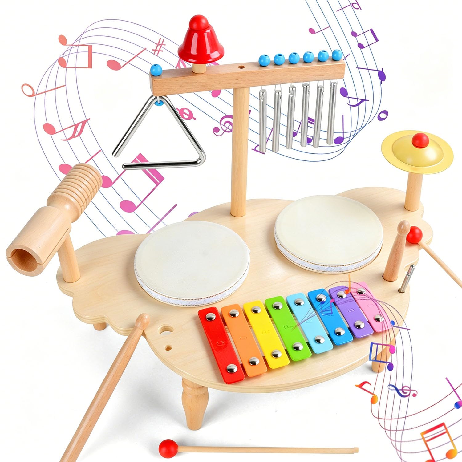 Tamburo Bambino in Legno, 7 in 1 Set Strumenti Musicali per Bambini con Xilofono, Batteria Giocattolo Montessori, Giochi Legno Regalo per Bambina e Bambino 3 4 5 Anni