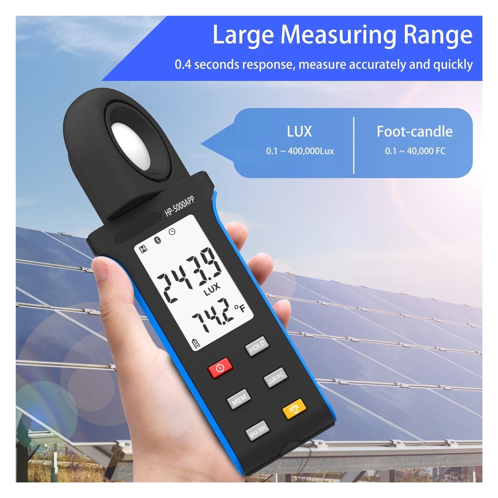 Fotómetro Digital portátil con Temperatura, medidor de iluminancia, 1-400000 Lux, Giratorio 270 °, Pantalla LCD Multifunción