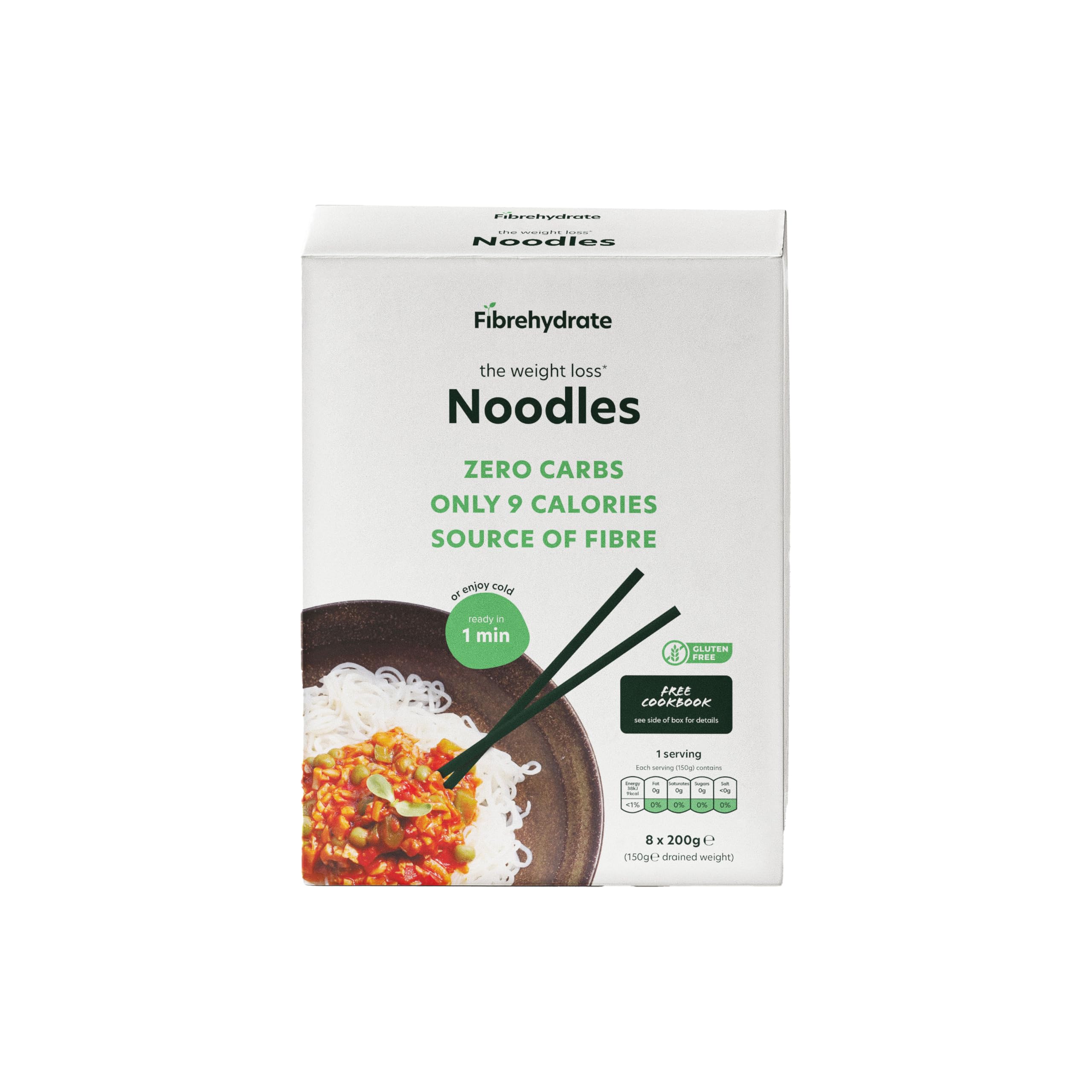 Fibrehydrate Noodles (8 pack) - The Weight Loss Noodles Of Choice By Celebrities - Vegan - Zero Carbs - Only 9 Calories - High-Fibre - Gluten Free - Keto - Konjac - Primal Living
