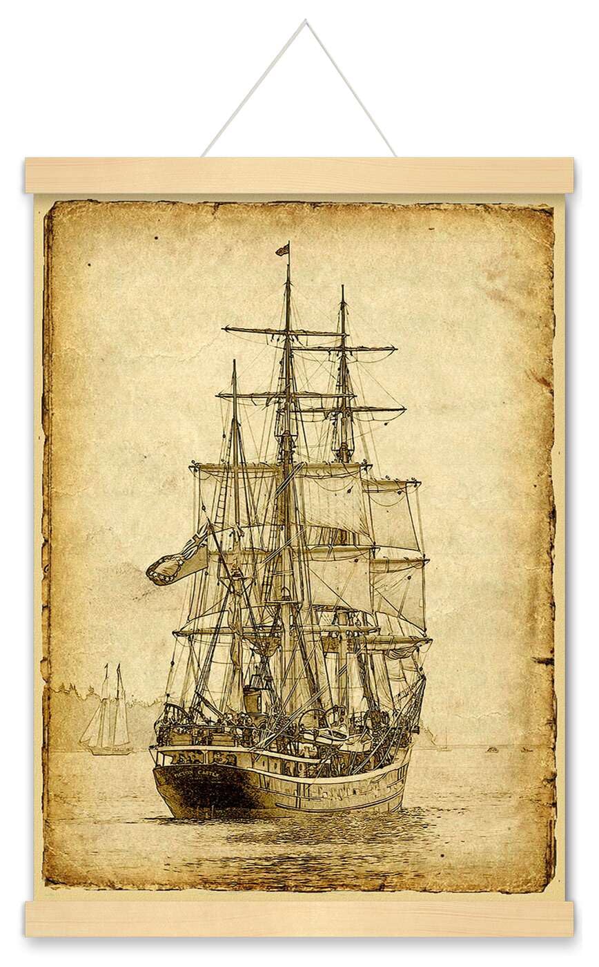 Sailing Ship Poster Print Art Picture Vintage Style Nautical Old Sailboat Home Wall Canvas Decor (30cm x 40cm+ Hanger Frame)