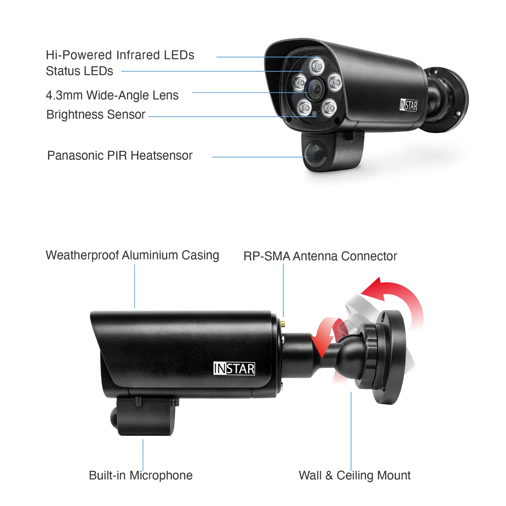 INSTAR IN-9808 4K IP Überwachungskamera außen schwarz, LAN/WLAN/PoE, HomeKit Kamera, AI-Personenerkennung, PIR-Sensor, IR-Nachtsicht, MQTT, WPA3, NDAA/TAA-konform