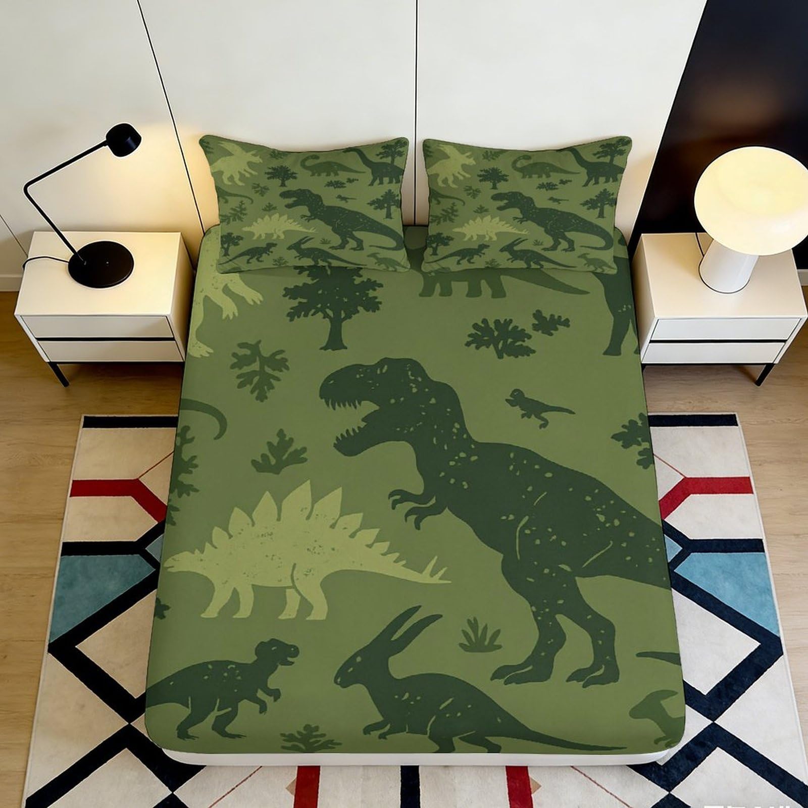 3D Printed Dinosaur Forest Fitted Sheet Microfiber Green Jurassic Mattress Cover Non-slip Bedroom Decor 200x200x25cm