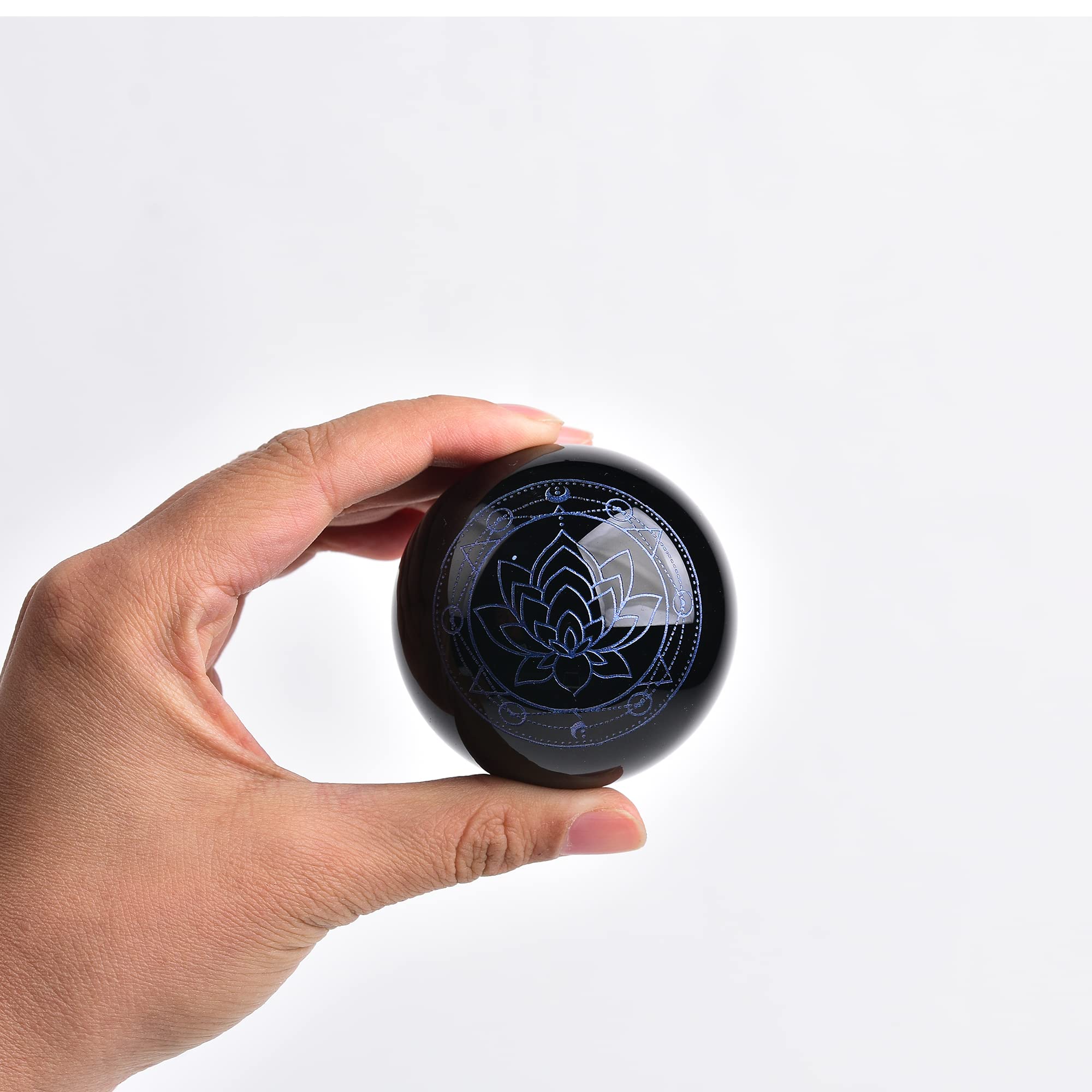 JIC Gem Obsidian Crystal Ball with Blue Sodalite Decorative Stand 3D Carving Blue Lotus Obsidian Healing Crystal Feng Shui Ball Sphere Decorative(60mm / 2.2in)