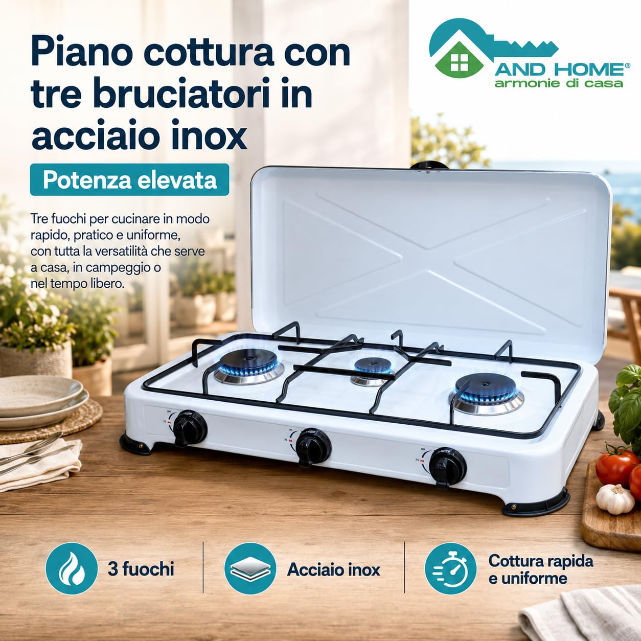 Fornello a Gas GPL 3 Fuochi - 2,9 kW - Portatile in Acciaio Inox