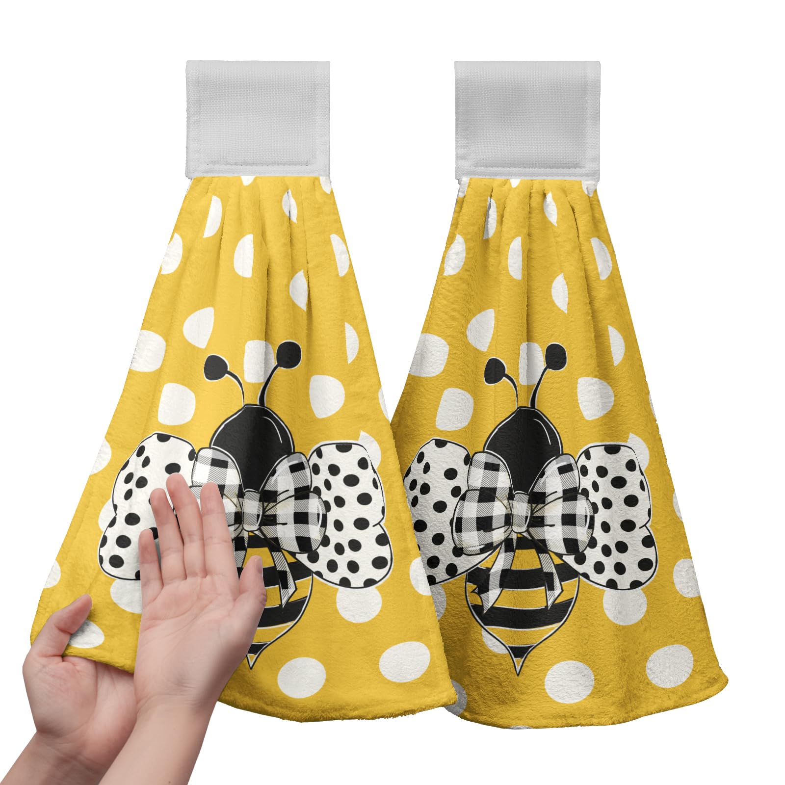 Kwlegh Honey Bee Kitchen Hanging Towels Set of 2 Summer Bumble Bee Polka Dots Hand Towels with Hanging Loop Yellow Farmhouse Dish Towels Soft