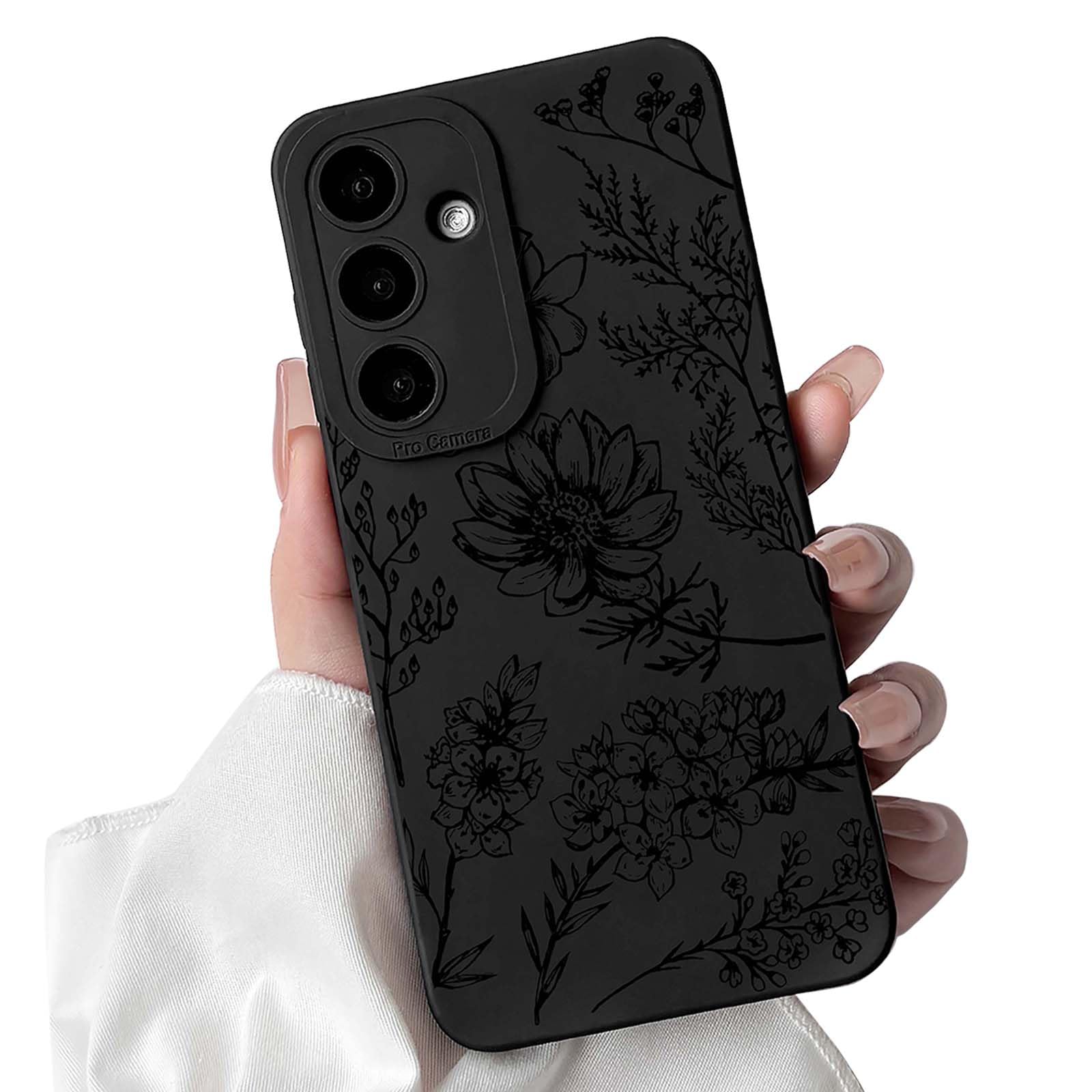 Lovmooful Compatible for Samsung Galaxy S24 Case Cute Cool Flower Floral with Black Design for Girls Women Soft TPU Shockproof Protective Girly for