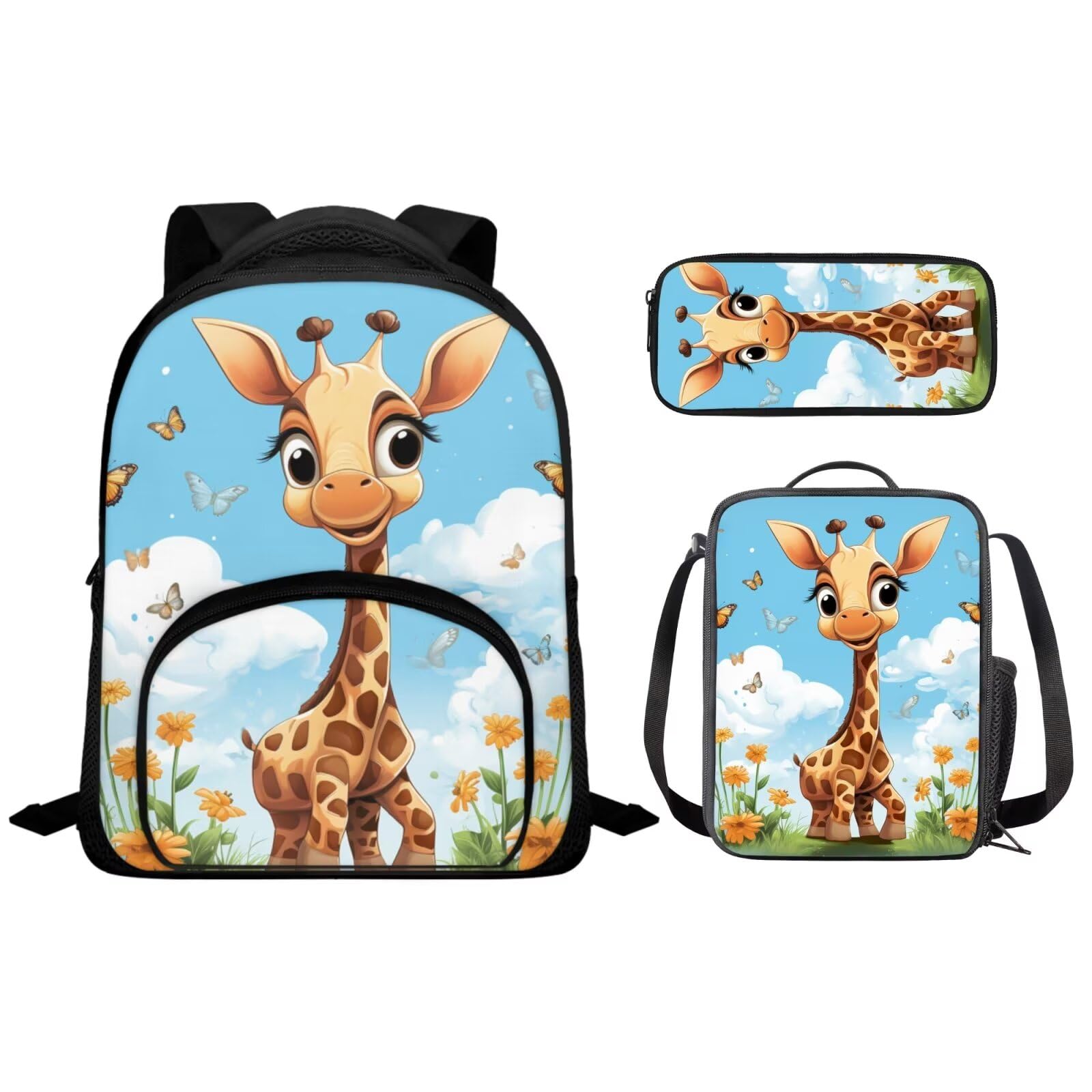 Wiryuouvt Cute Giraffe Bookbags for 3-5 Girls Backpack and Lunch Box Set for Girls with Pencil Case 3Pcs Set Bookbag for Toddler Going To Kindergarten