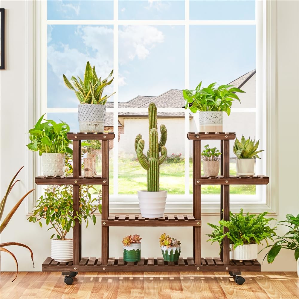 Yaheetech Soporte para Plantas Interiores y Exteriores Estantería Plantas Madera con Ruedas Desmontables Soporte para Macetas de 4 Niveles para Terreza Jardín Balcón