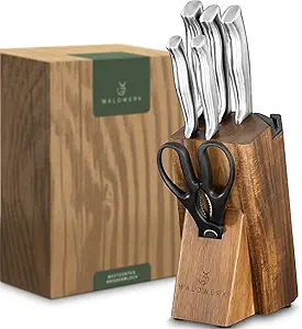 WALDWERK Knife Set - 7pcs Kitchen Knife Set with Block and Integrated Sharpener - Knife Block Set - Knife Block