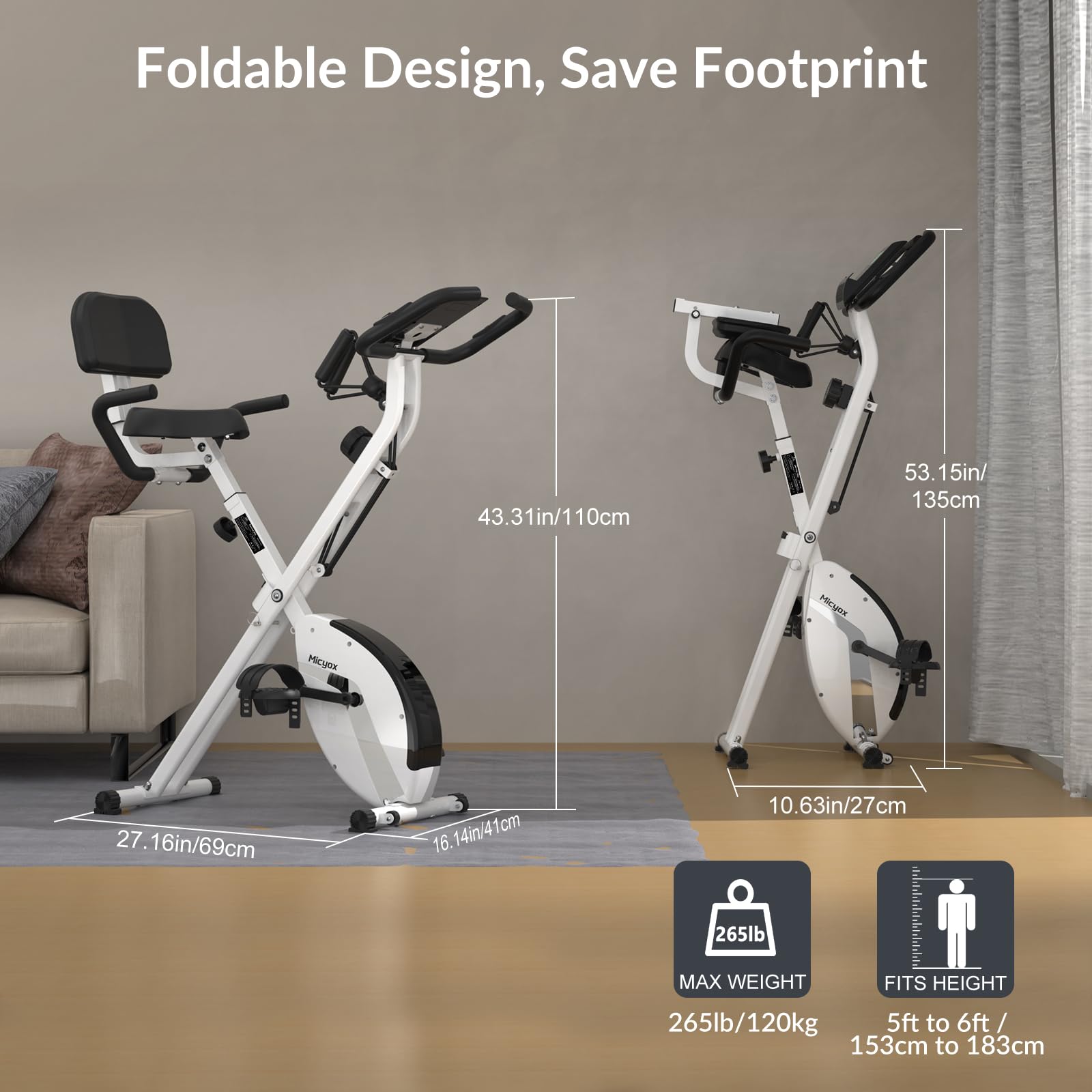 Micyox MX-600 Cyclette Magnetica con Schienale Bicicletta da Ciclismo da Interno Pieghevole con Display LCD e Sensore di Frequenza Cardiaca