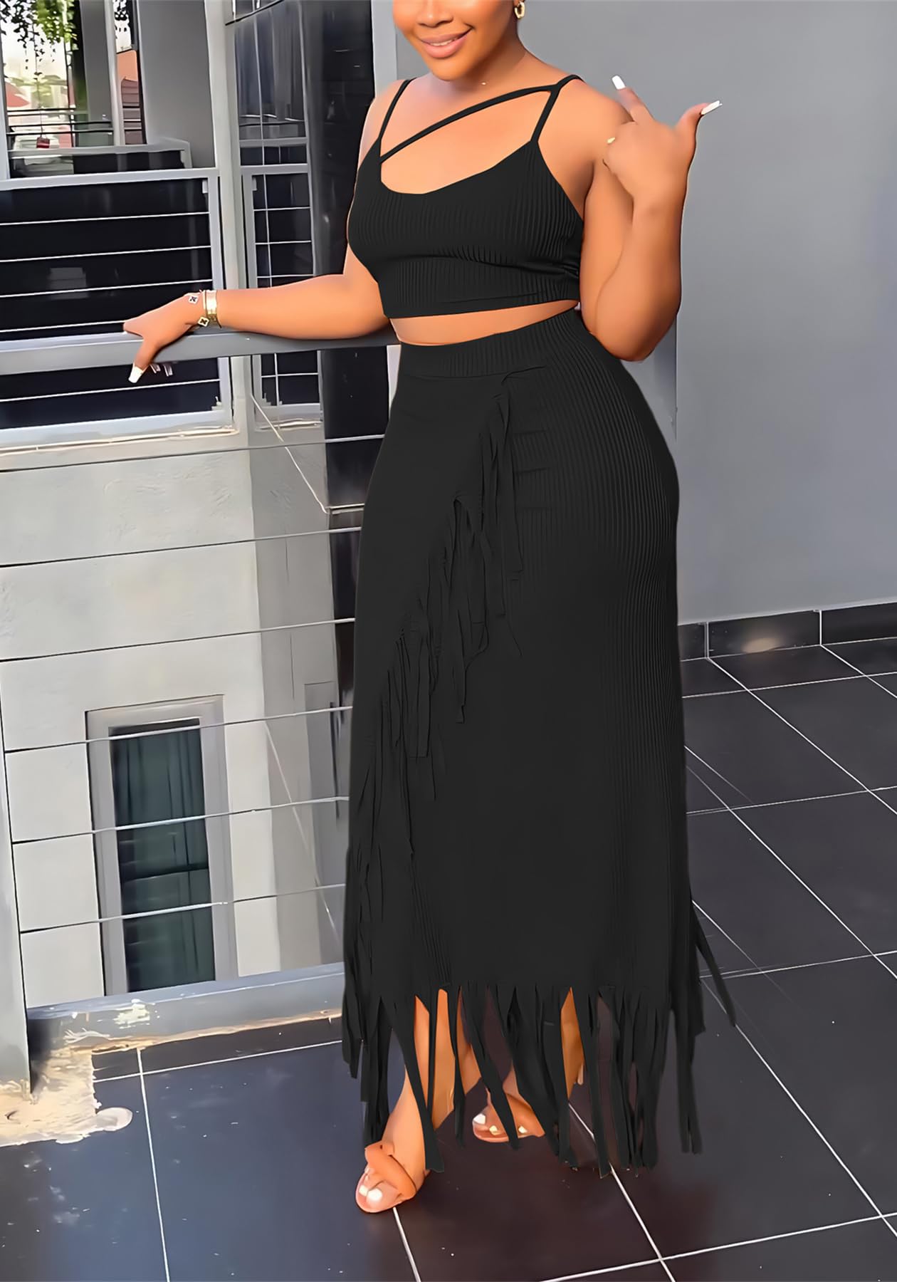 Women Two Piece Long Skirt Outfits High Waist Fringe Maxi Skirts Sexy Cami Crop Top
