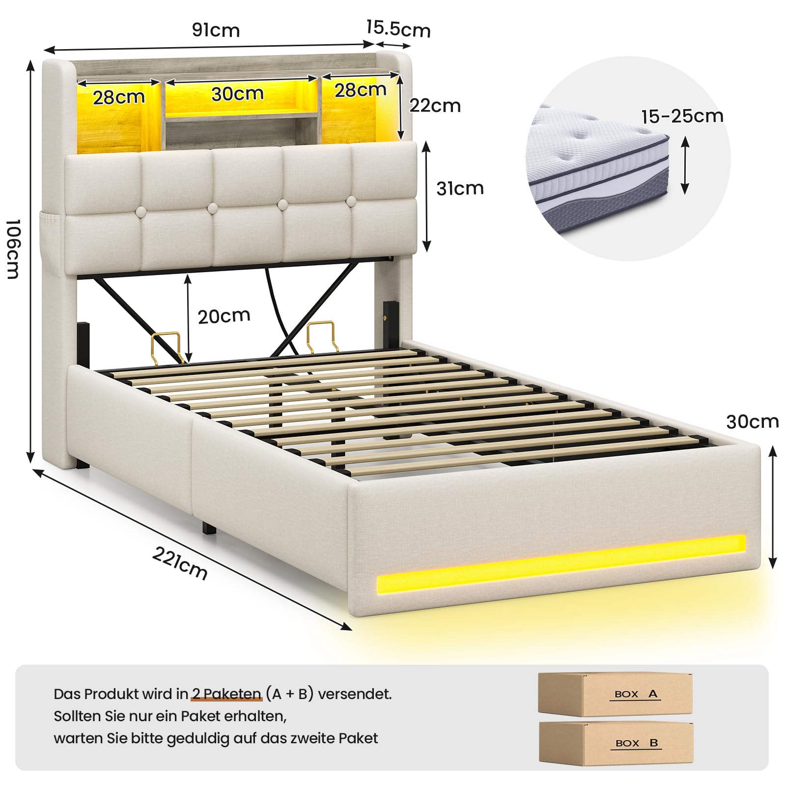 AOGLLATI Camas Individual 90x200 cm con Almacenamiento Hidráulico | Cama Canape 90x200 con LED y Estación de Carga, Somier Estructura Cama con Bolsillos Laterales, Base Cama, Lino Beige