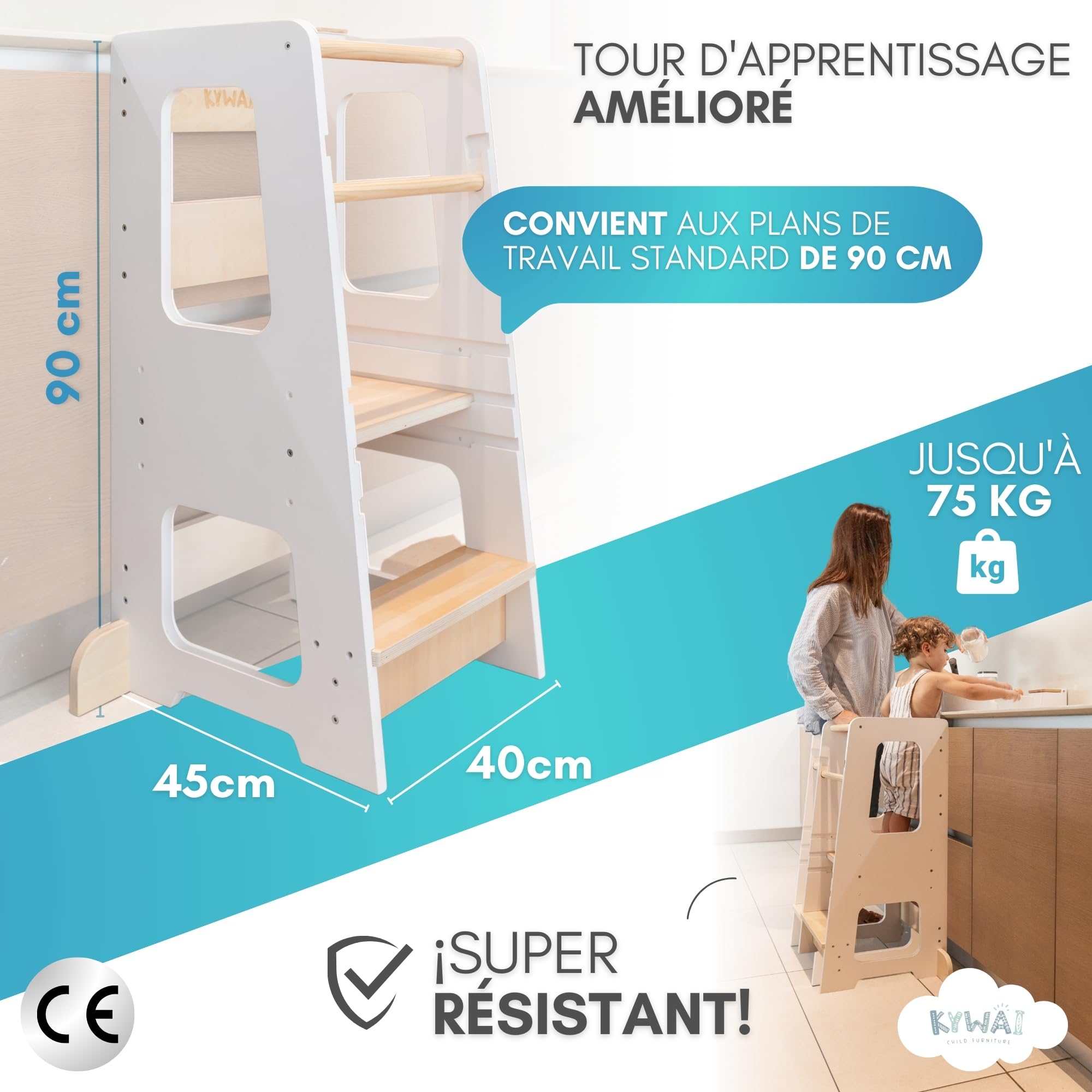 Tour d’Observation Enfant Montessori 90 cm Cuisine Design Robuste Double Sécurité