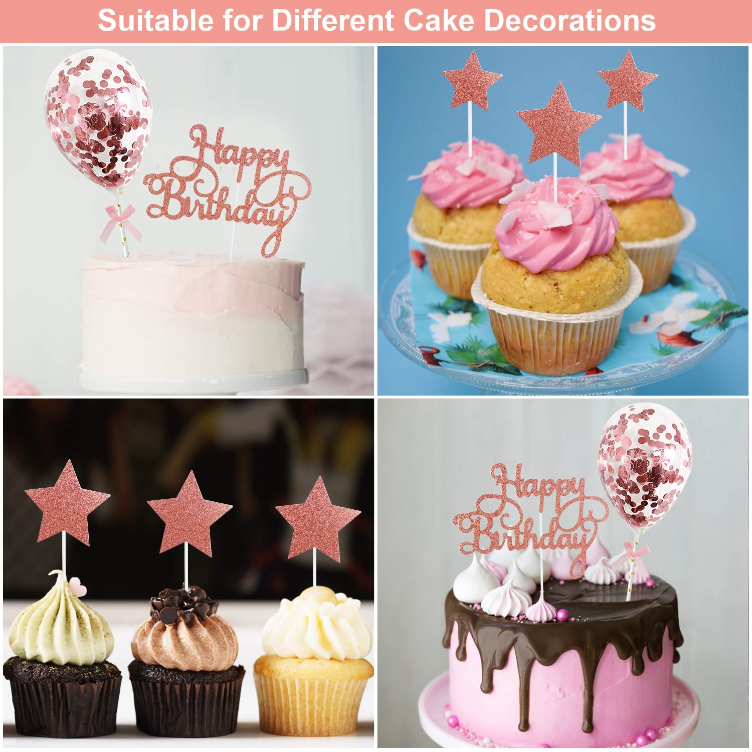 Larchio Rose Gold Cake Topper, Happy Birthday Cake Toppers and 6pcs