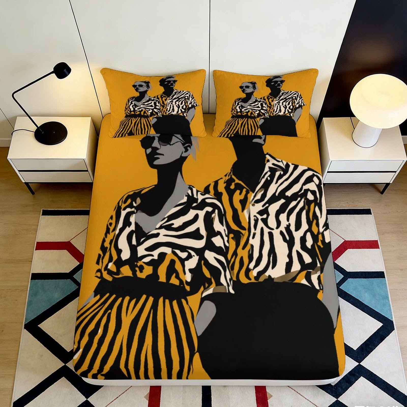 3D Printed Abstract Fashion Fitted Sheet Microfiber Anti-Slip Artistic Couple Bed Cover for Bedroom Guest Room Decor 90x200x25cm