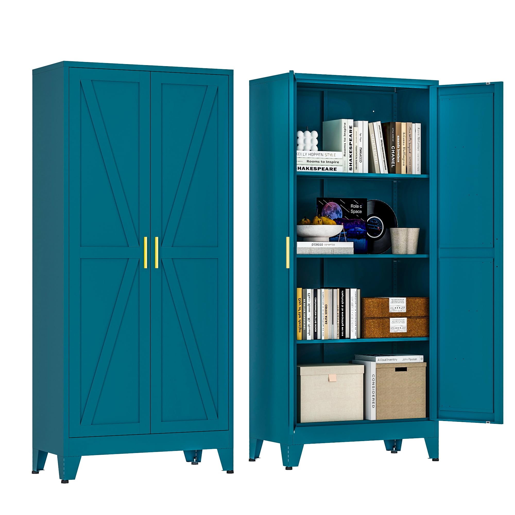 Washsemba 61" Tall Farmhouse Metal Pantry Cabinet, Kitchen Pantry Storage Cabinets with 2 Barn Door and Adjustable Shelves,for Kitchen,Laundry Room,