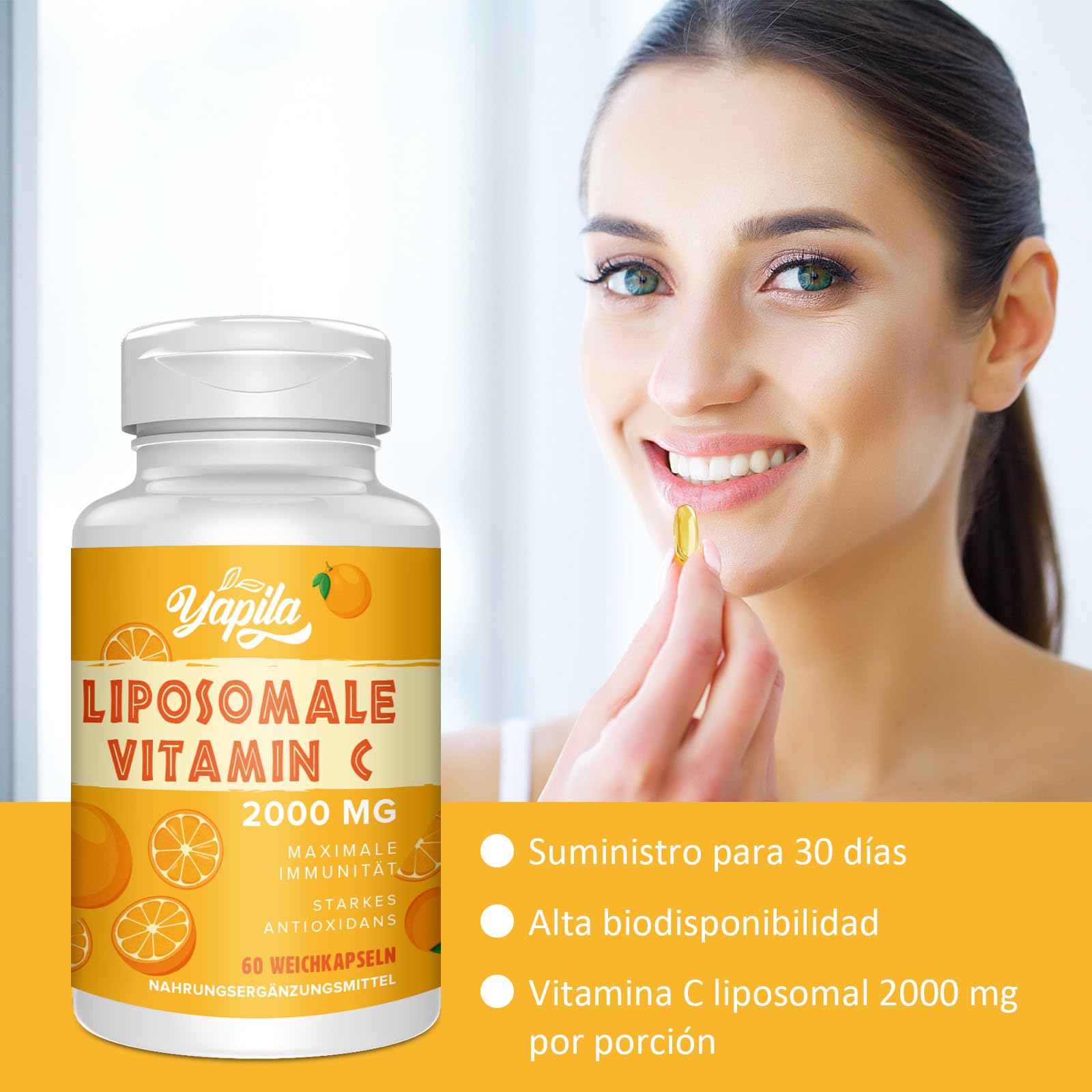 Vitamina C Liposomal 2000 mg Cápsulas - Máxima Absorción y Alta Concentración,Suplemento Antioxidante Potente,Ácido Ascórbico,Vegano, Libre de Soja