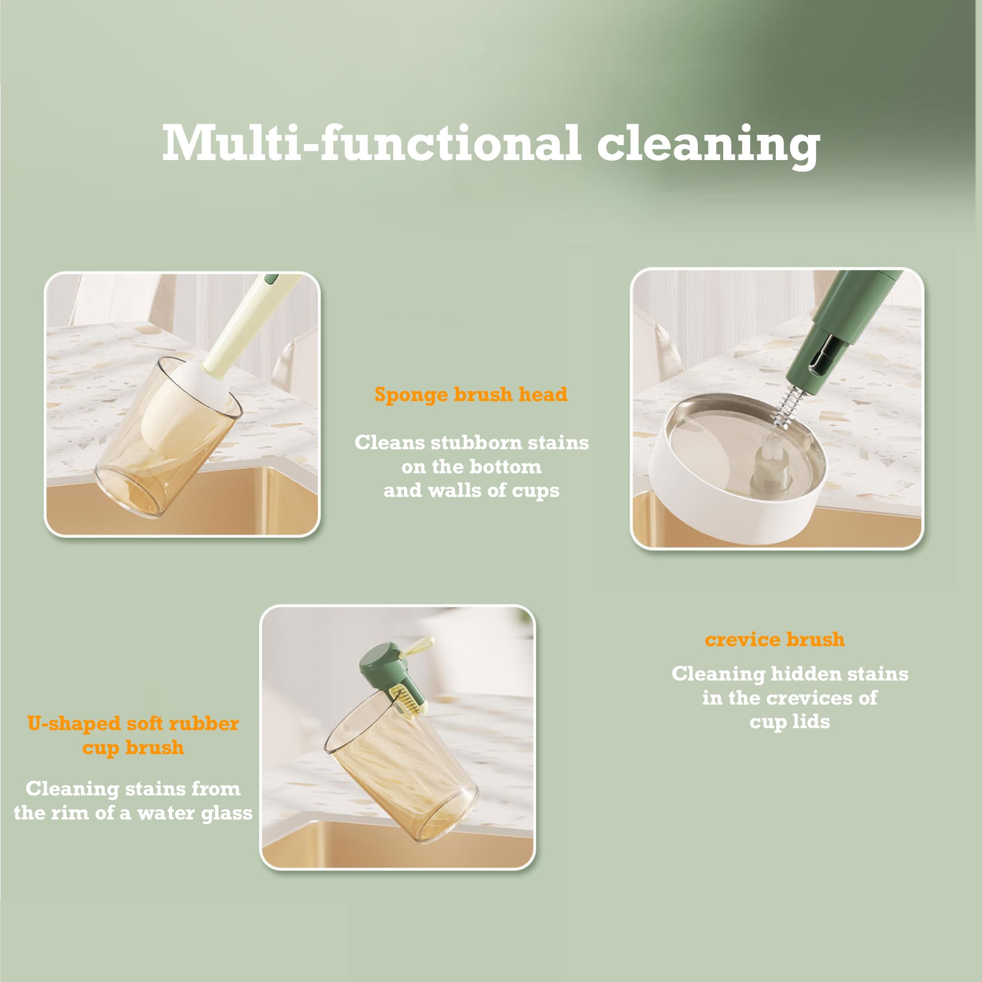 GCFTIFF 3 in 1 Multipurpose Bottle Cleaning Brush, 3 Pieces Replacement Heads and 1 Piece Multipurpose Brushes - Image 4