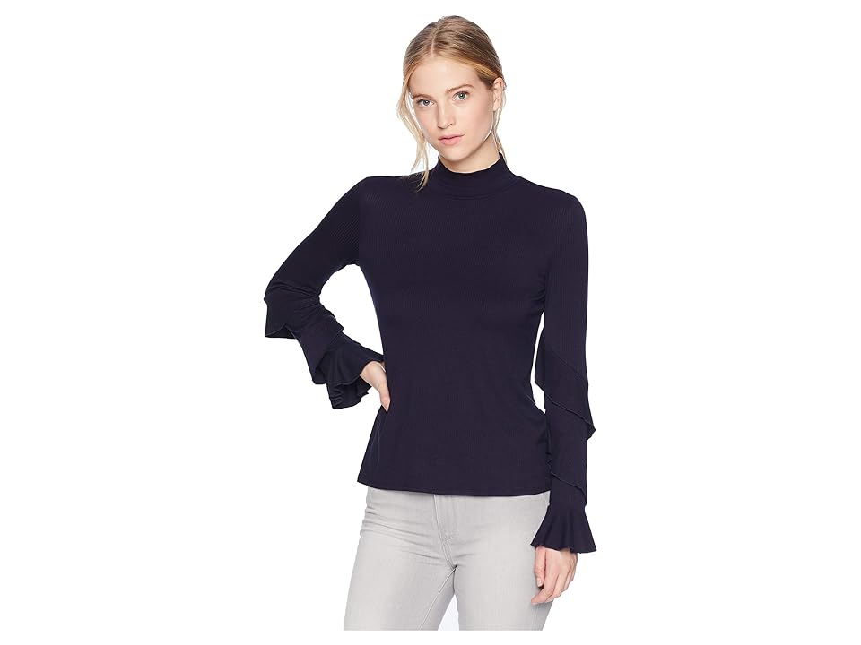 

1.STATE Long Sleeve Ruffle Sleeve Rib Knit Top (Blue Night) Women's Clothing
