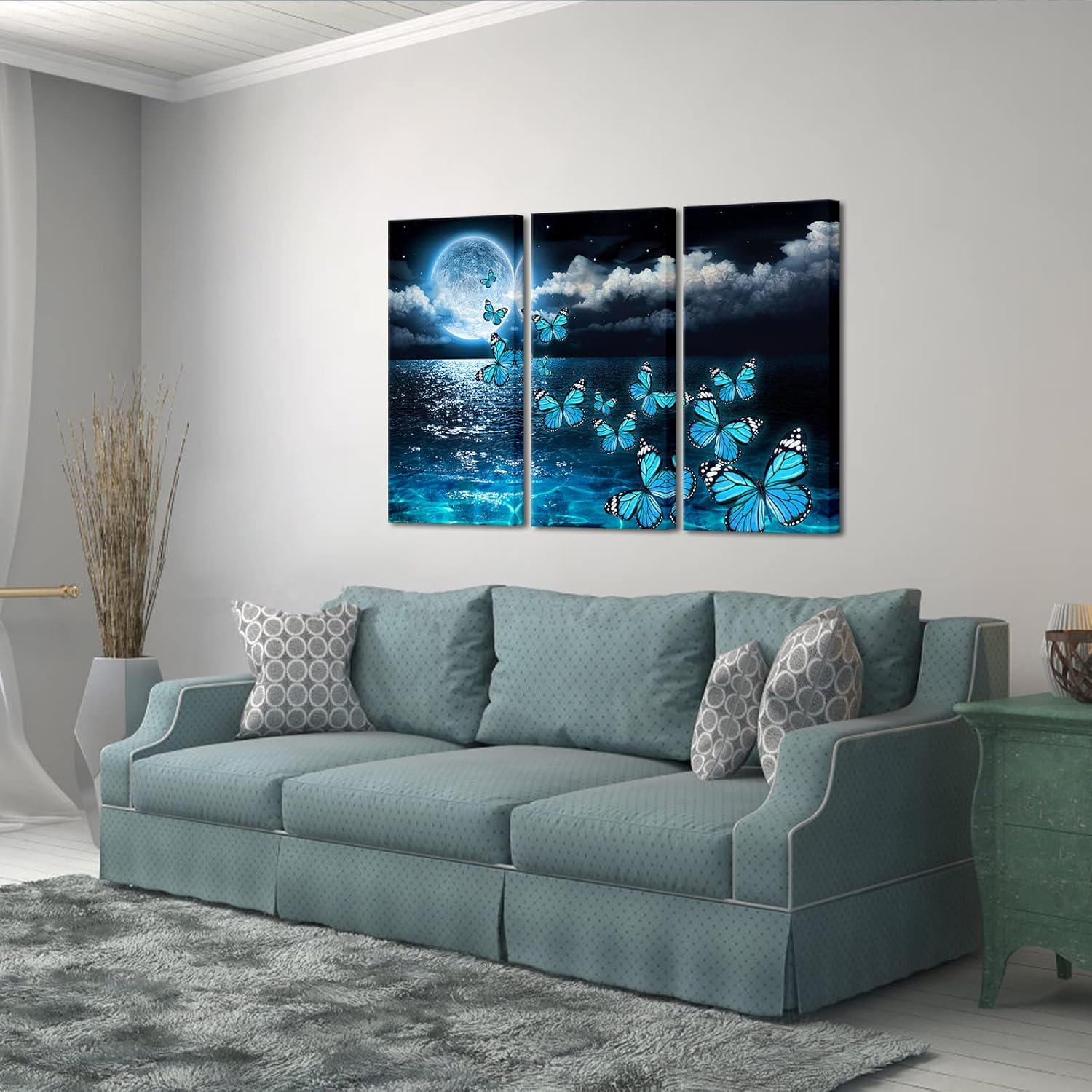 sechars Full Moon over Ocean Canvas Art Blue Butterfly Picture Prints Wall Decor for Bedroom Modern 3 Pieces Artwork Framed for Home Kitchen 16x32Inchx3PCS (Blue)