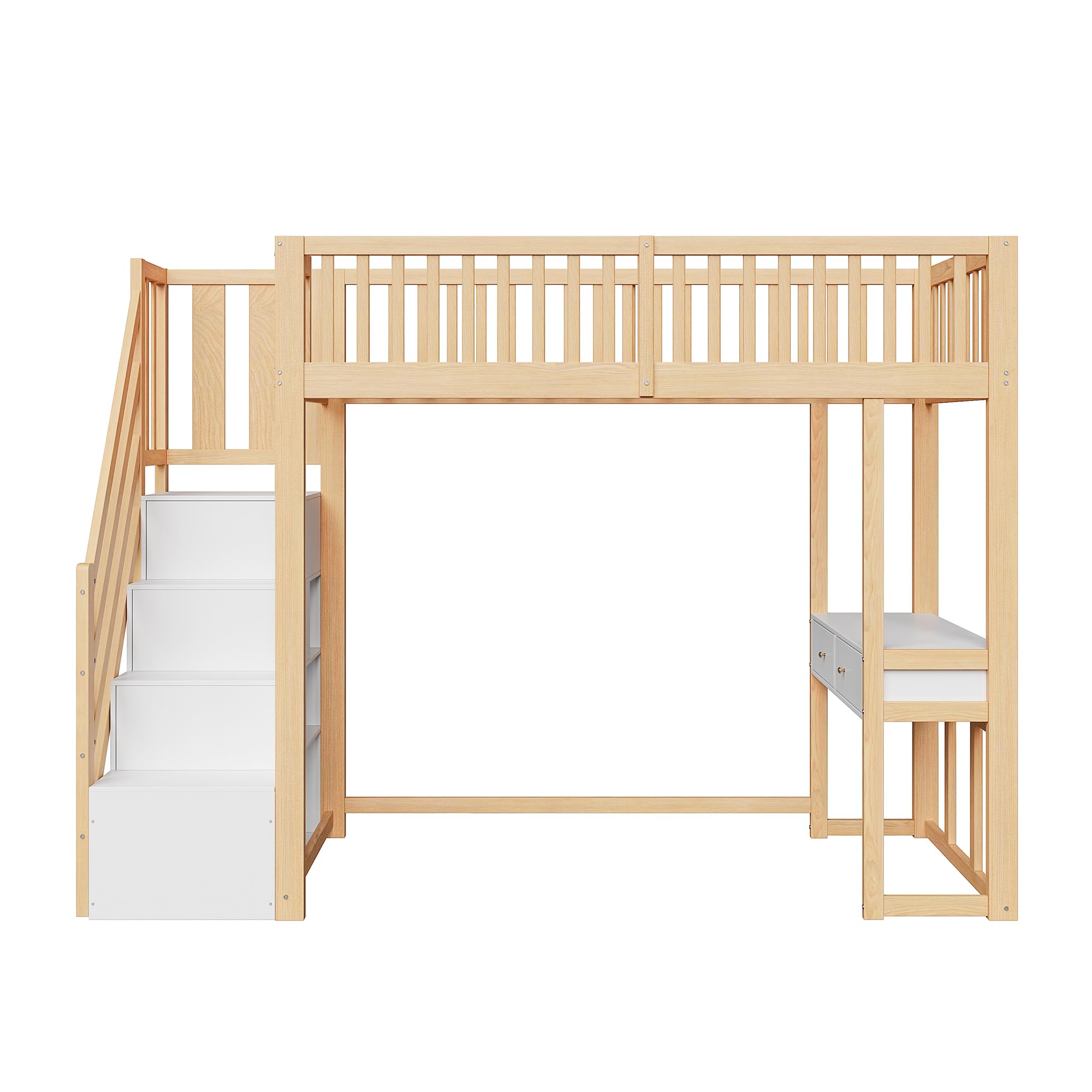 Merax Hochbett 90x200 cm mit Schreibtisch, Multifunktionales Hochbett für 1 Person mit Treppenregal, Weiß und Holz (ohne Matratze)