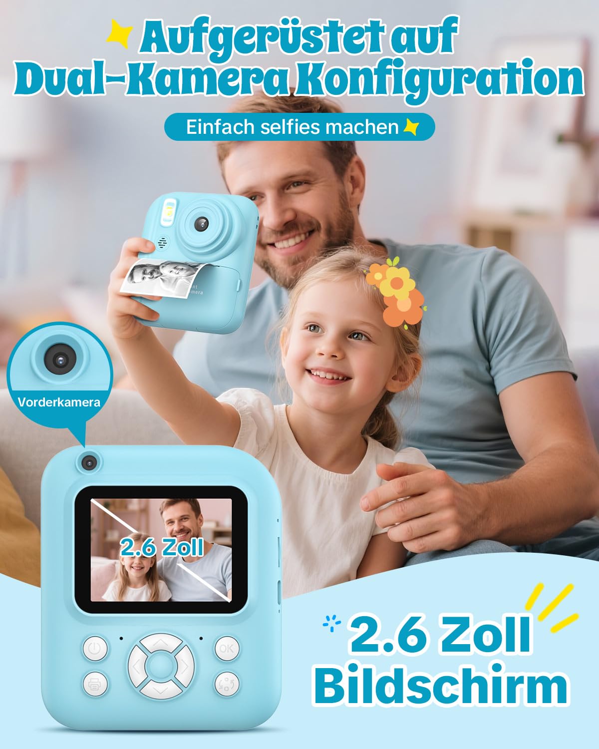 Sofortbildkamera Kinder 2.5K mit 32GB Karte & Druckerpapier, Vorder- und Rückkamera, Geschenk für Jungen Mädchen 3-12 Jahre (Blau)