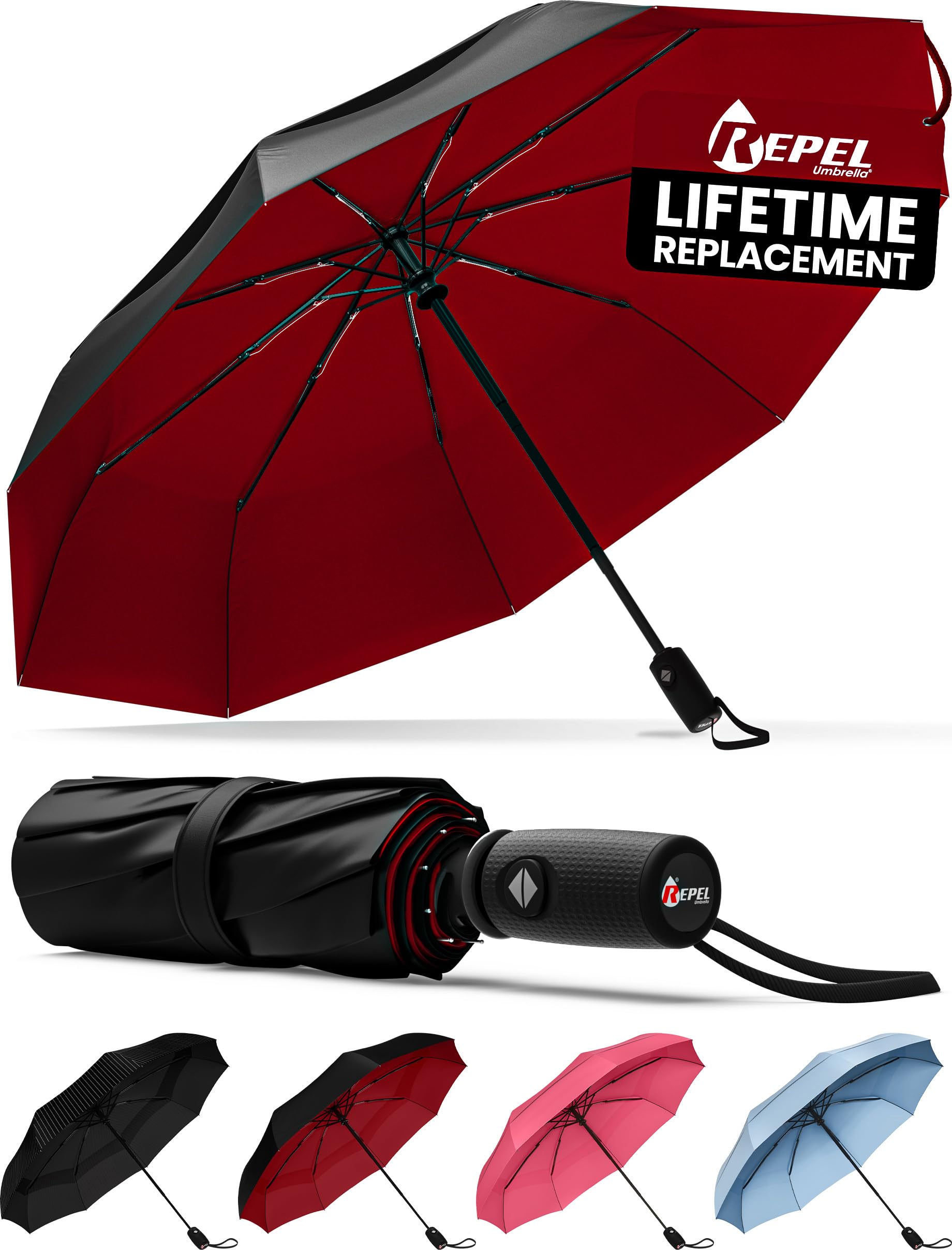 Repel UmbrellaWindproof Travel Umbrellas for Rain - Easy Auto Open Close, Durable & Compact, Strong Fiberglass Frame, Waterproof Canopy - Backpack, Purse, Portable UV Umbrella