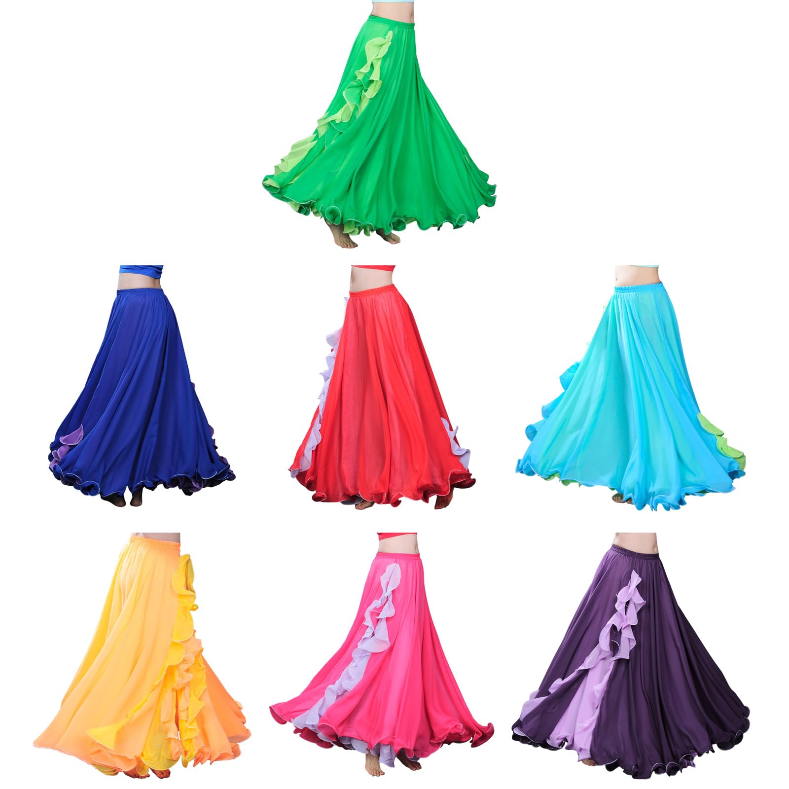 Bauchtanzrock für Damen, durchgehende Polyester Tanzkleidung mit elastischem Bund und fließendem Rüschensaum für Bühnentanz, Rock für Damen, Konzertkostüm, langer, fließender elastischer Bund, Rüschen
