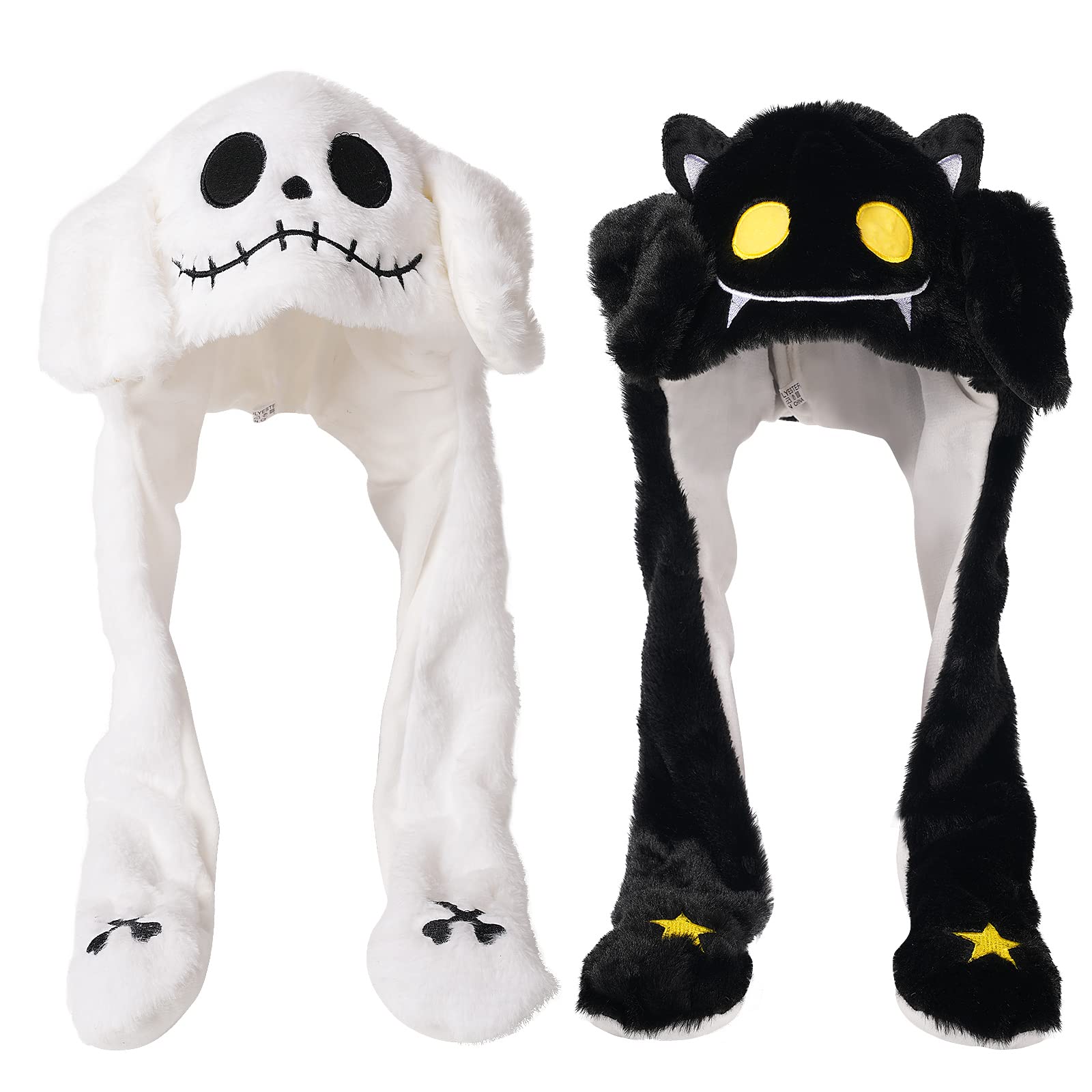 YC JILAI 2 Pack Ear Moving Jumping Hat Funny Plush Bat Ghost Hat Cosplay Costume Accessories Earflaps Movable Ears Hat for Christmas Halloween Party Unisex?2 Style White Black?