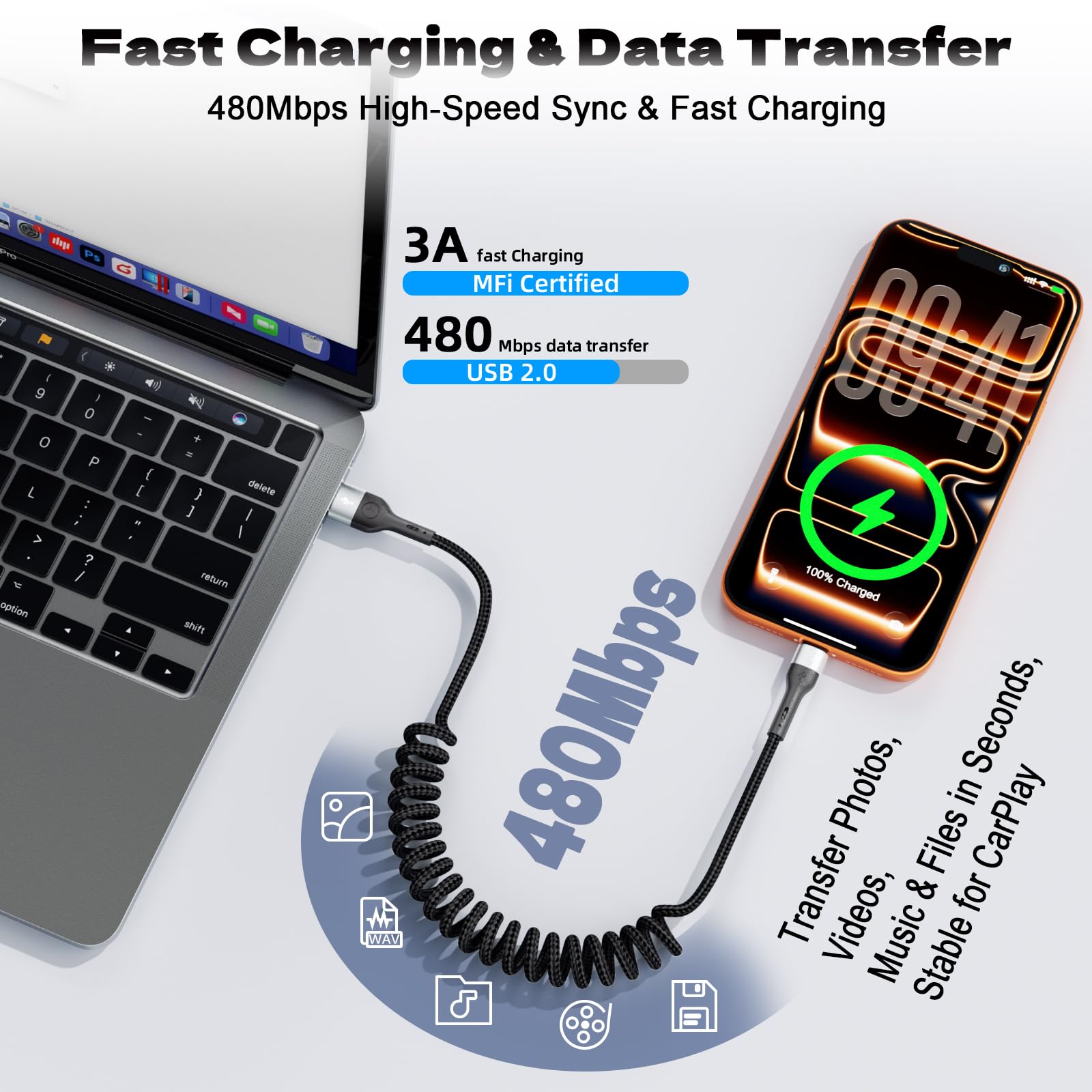 Cable USB A a USB C, paquete de 2 unidades de 4 pies, cable de resorte retráctil en espiral, carga rápida para Apple CarPlay, compatible con iPhone 17, 16, 15, Samsung Galaxy, Google Pixel LG