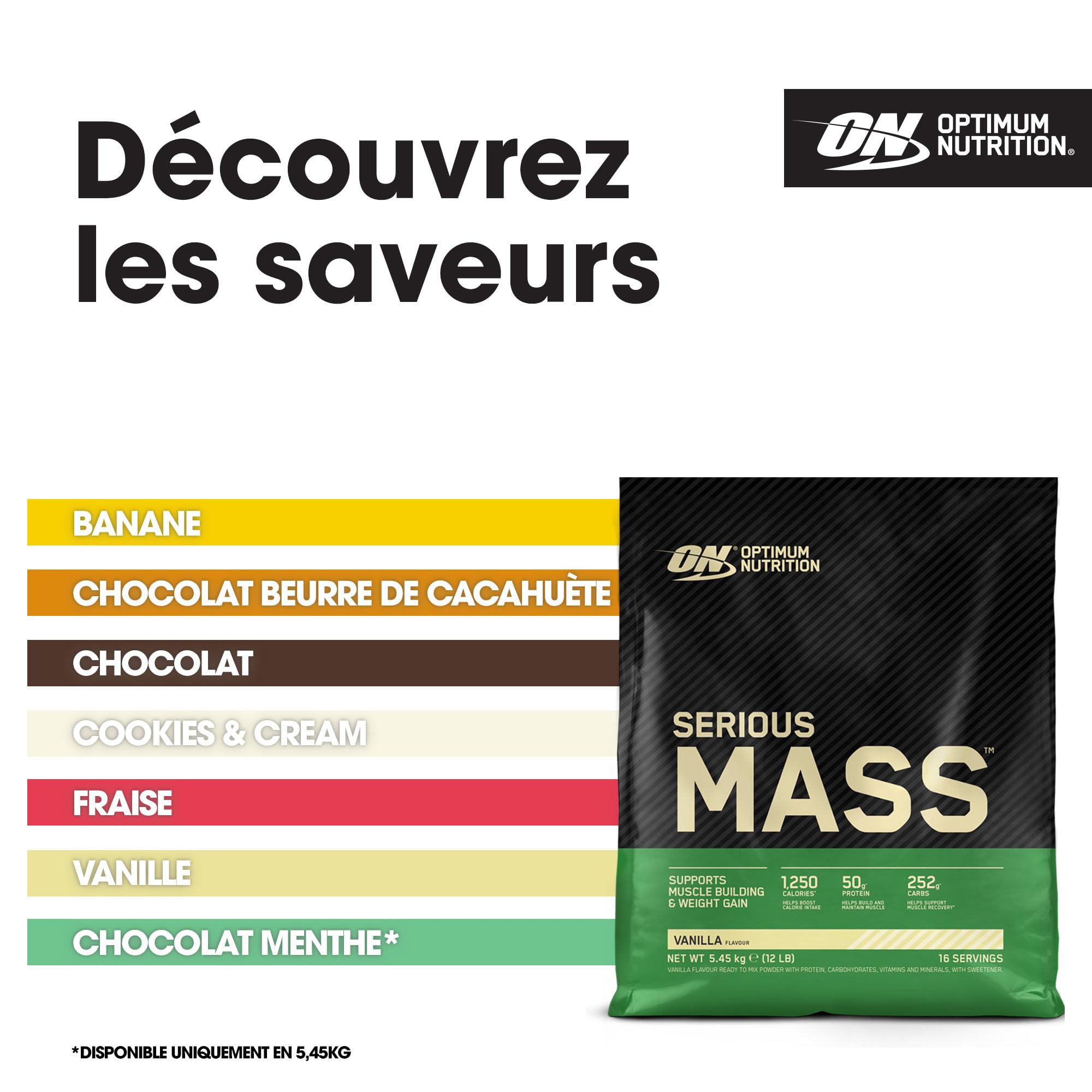 Optimum Nutrition Serious Mass Poudre de Protéine Gain de Masse Hautement Calorique 25 Vitamines Minéraux Créatine Glutamine Vanille 5.45 kg