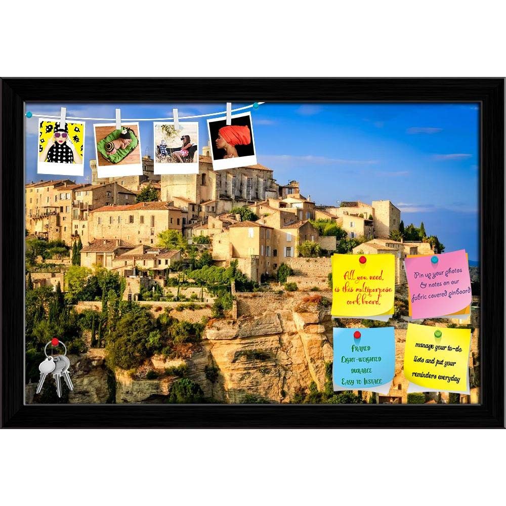 ArtzFolio Gordes Medieval Village Sunset View, France, Europe | Bulletin Board Notice Pin Board | Vision Soft Board with Thumb Push Pins & Sticky Notes | Black Frame | 17.6 x 12 inch (45 x 30 cms)