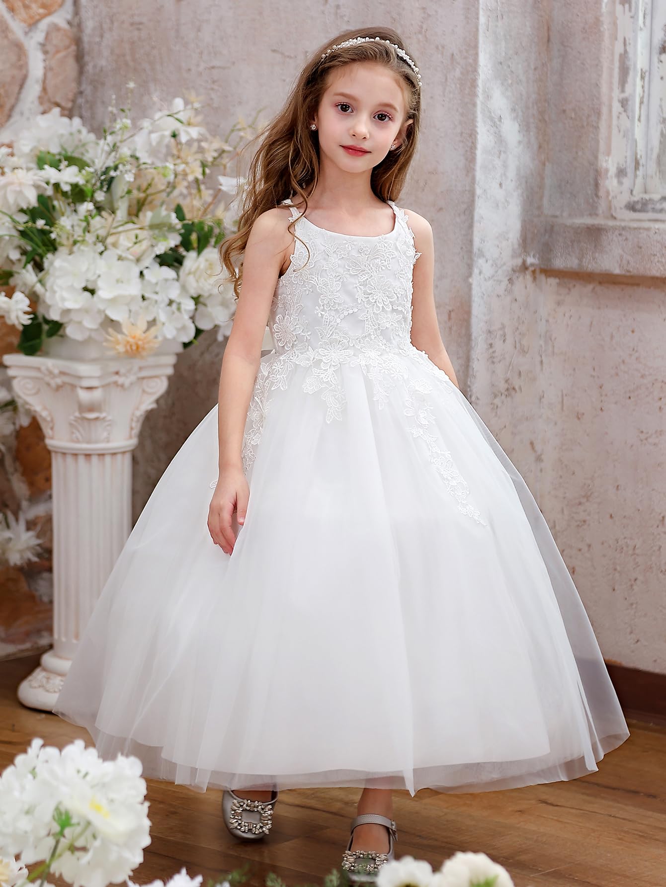Blumenmädchen Kleid Kinder Mädchen Träger Blumen Bestickt Spitzen Strapskleid Ärmellos Hochzeit Geburtstag Partykleid Prinzessin Maxikleid Elegant Weich Kinderkleid Für Performance(6,Weiß)