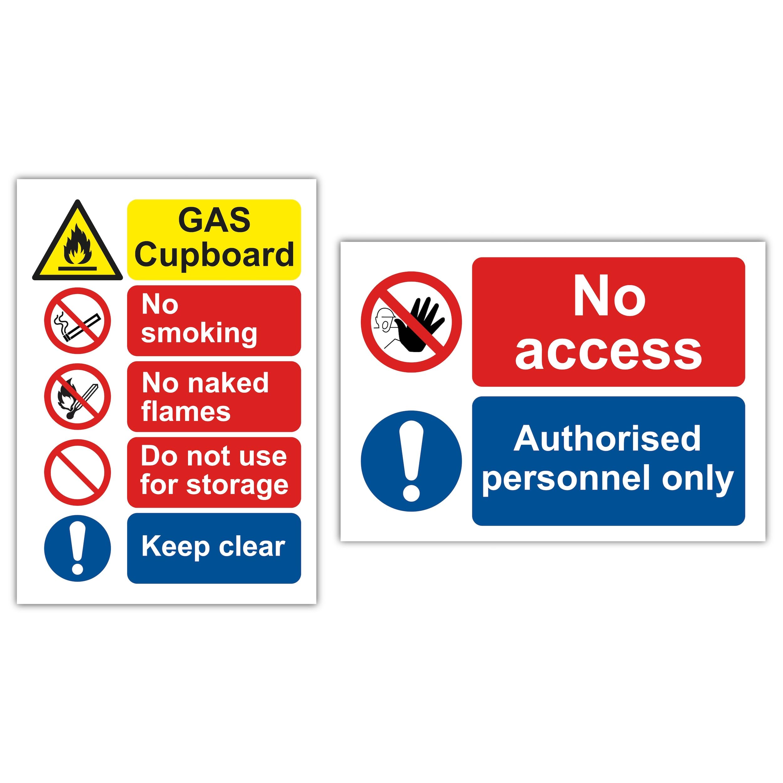 Set of 2 Gas Cupboard Safety Sign Labels (148 × 210 mm), Gas Cupboard, No Access – Authorised Personnel Only – Self Adhesive Polypropylene Stickers