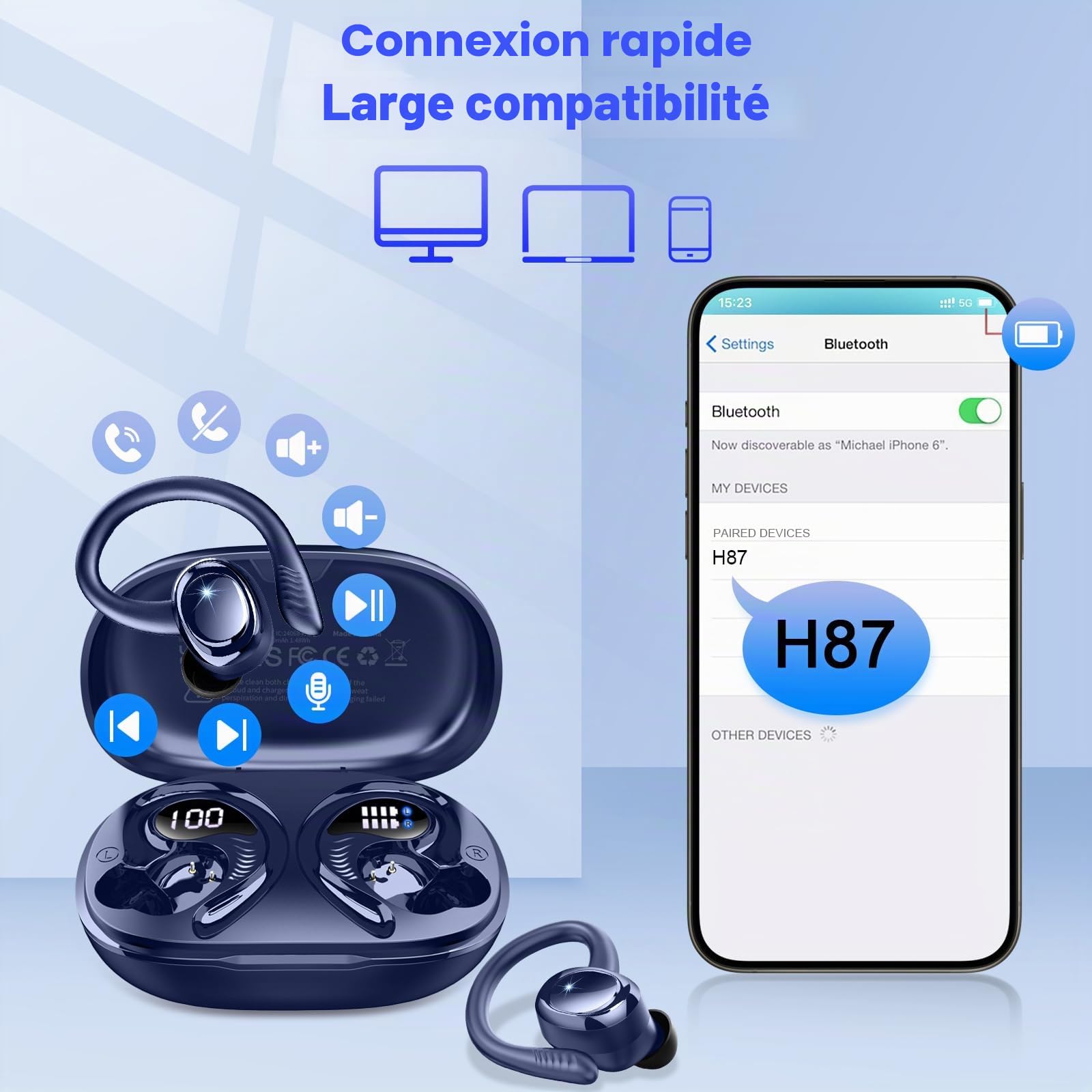 Ecouteurs Bluetooth sans Fil Sport, Écouteur Bluetooth 5.4 avec 6D HiFi Stéréo, 4 ENC Mic, 60+Hrs Ecouteurs sans Fil, IP7 Étanche Oreillette Bluetooth, USB-C/Écran LED Casque, pour iOS Android, Bleu