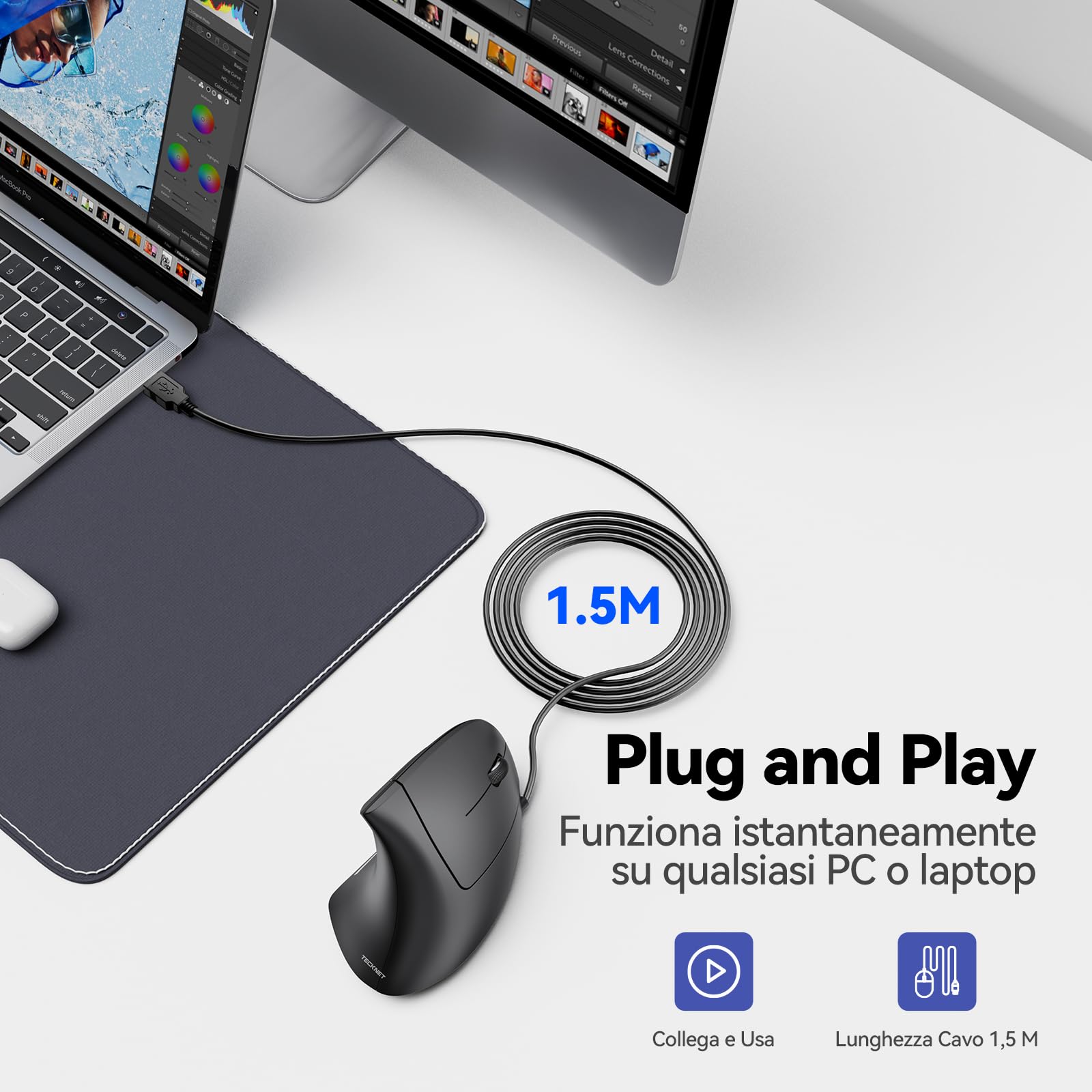 TECKNET Mouse Verticale Cablato, 6400 DPI Mouse Ergonomico con Filo | Protezione del Polso, Cavo USB 1,5 m, Mouse Silenzioso con 6 Pulsanti per PC, Laptop, Windows e Mac, Nero