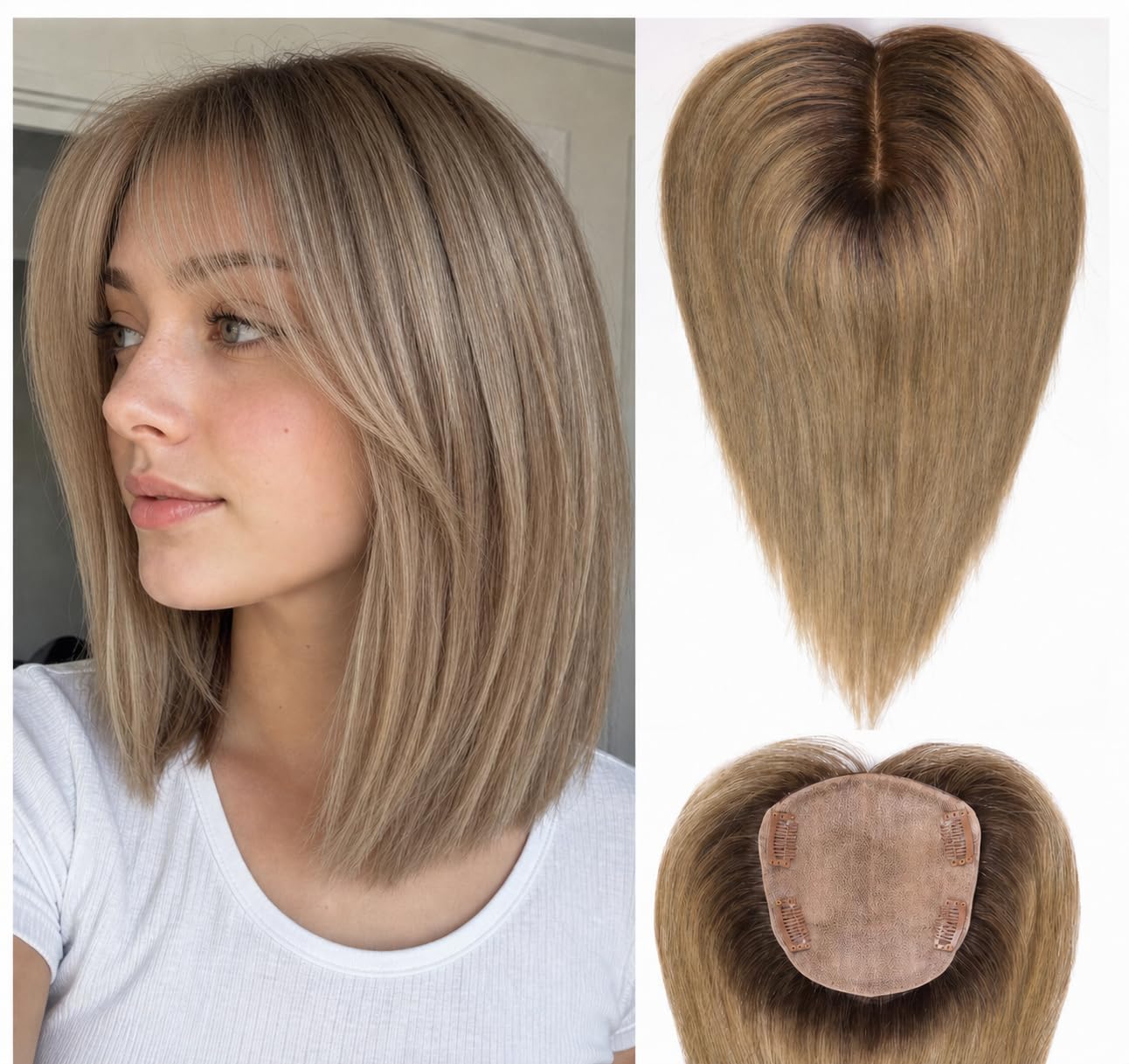 HAIRCUBE Tapa de Cabello 5"*5.5" Base para Mujeres, 14 Pulgadas rubio ceniza ombré, Tapa de Cabello 100% Cabello Humano Real con Flequillo para Mujeres con Cabello Ralo